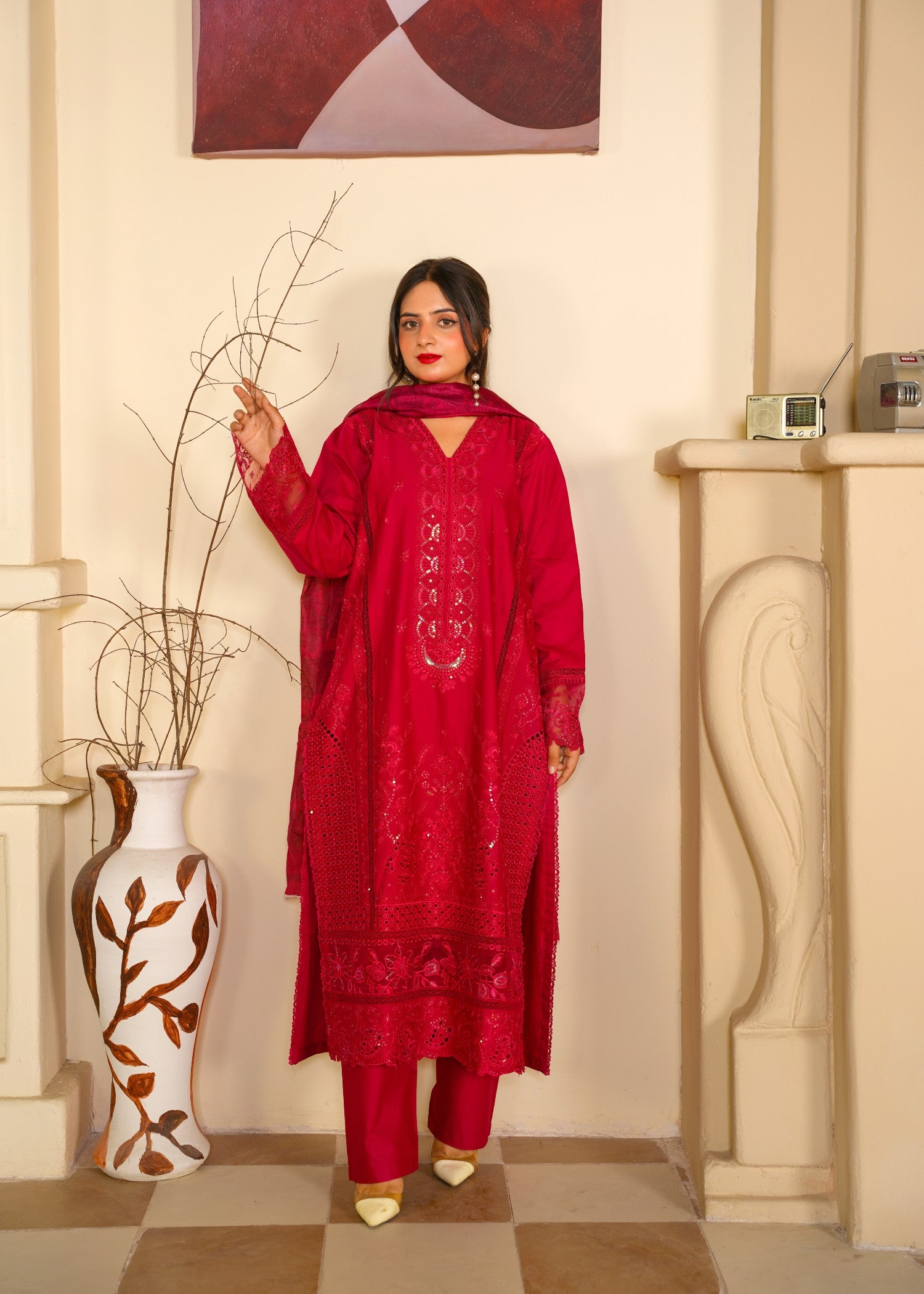 arabic lawn Kurta Set in Cherry red
