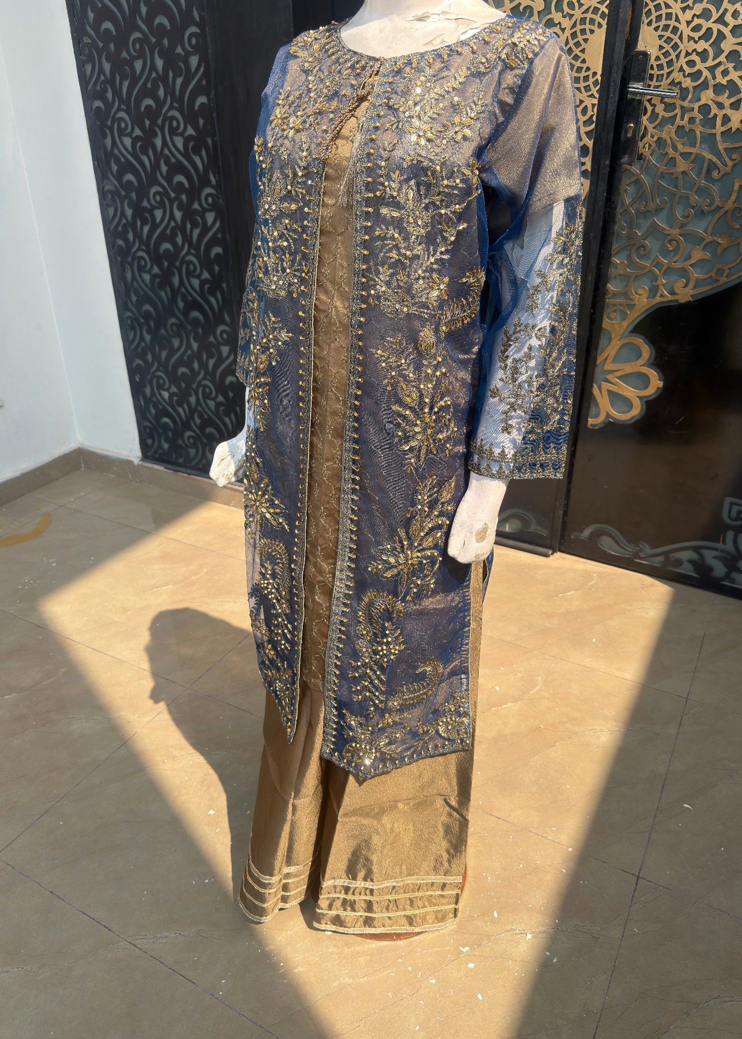 silk Gown in Blue, camel brown