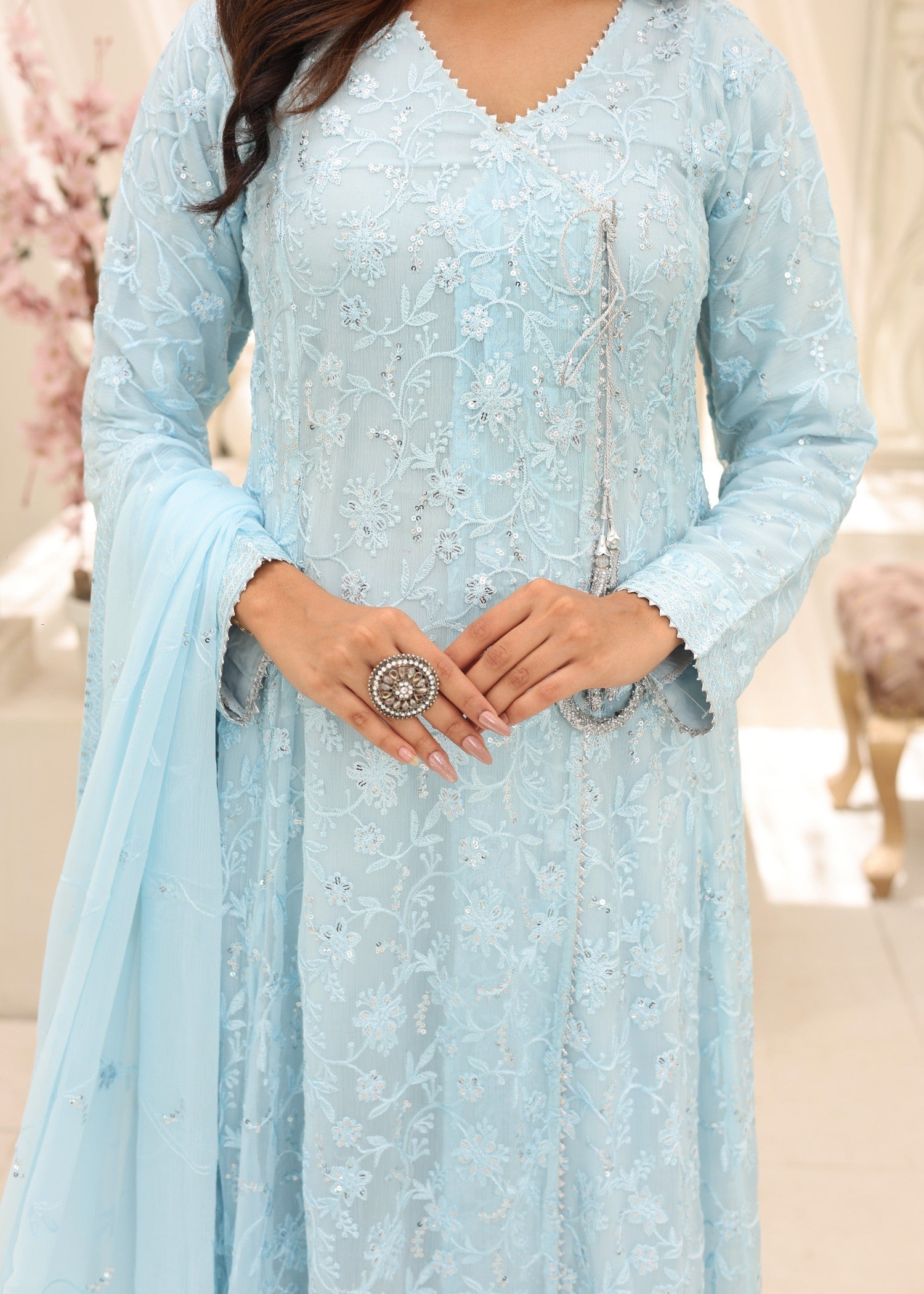 bemberg crinkle chiffon Angrakha in Ice blue