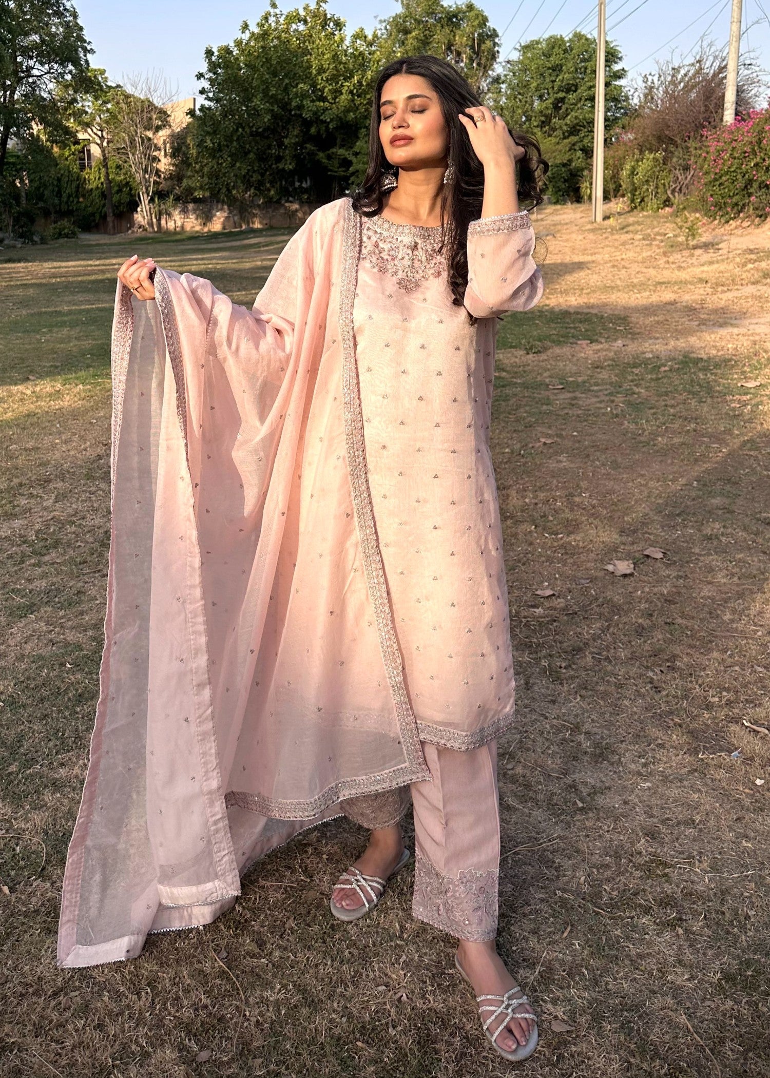 cotton net Kurta Set in Tea rose pink