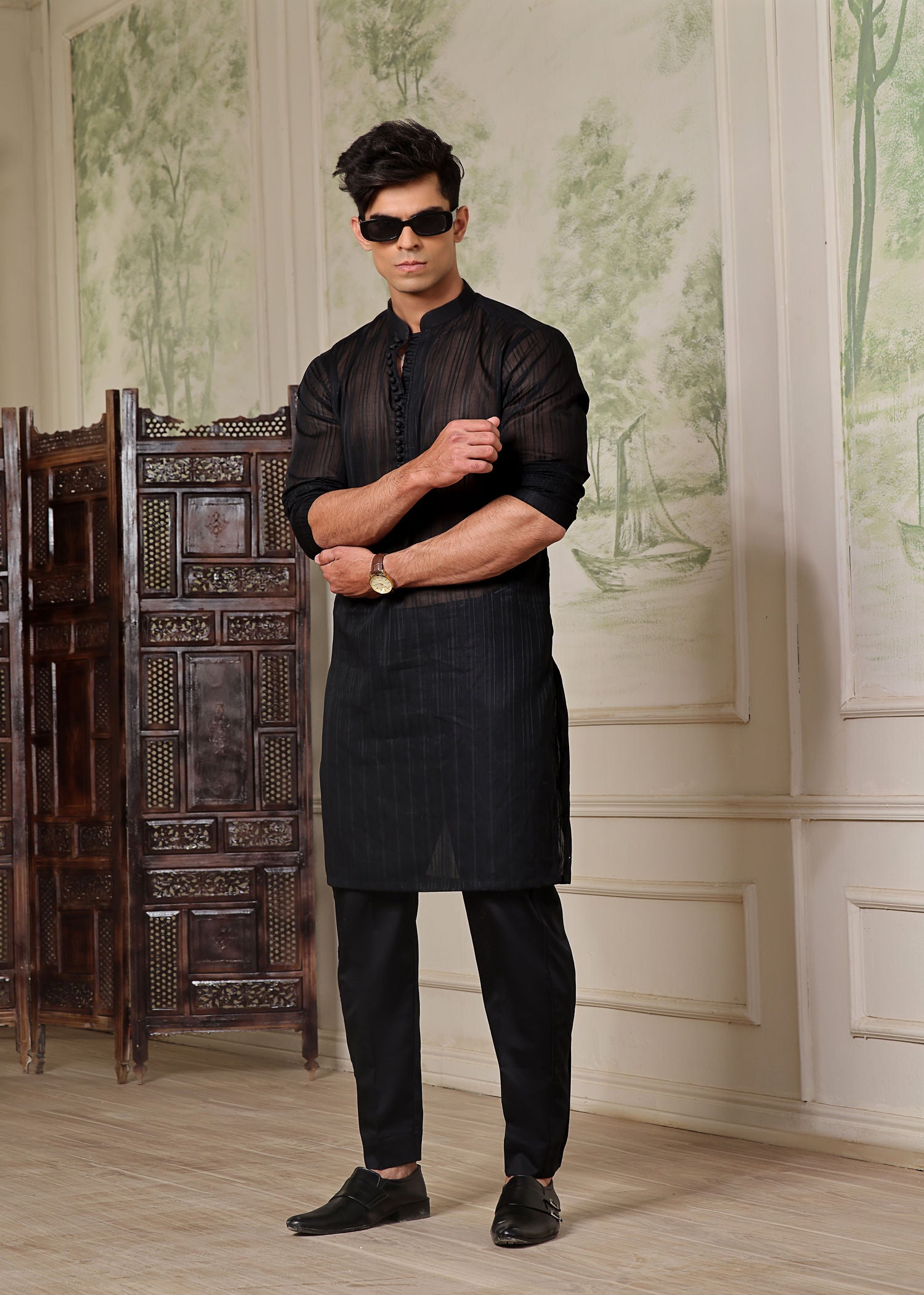 self jacquard Kurta in Black