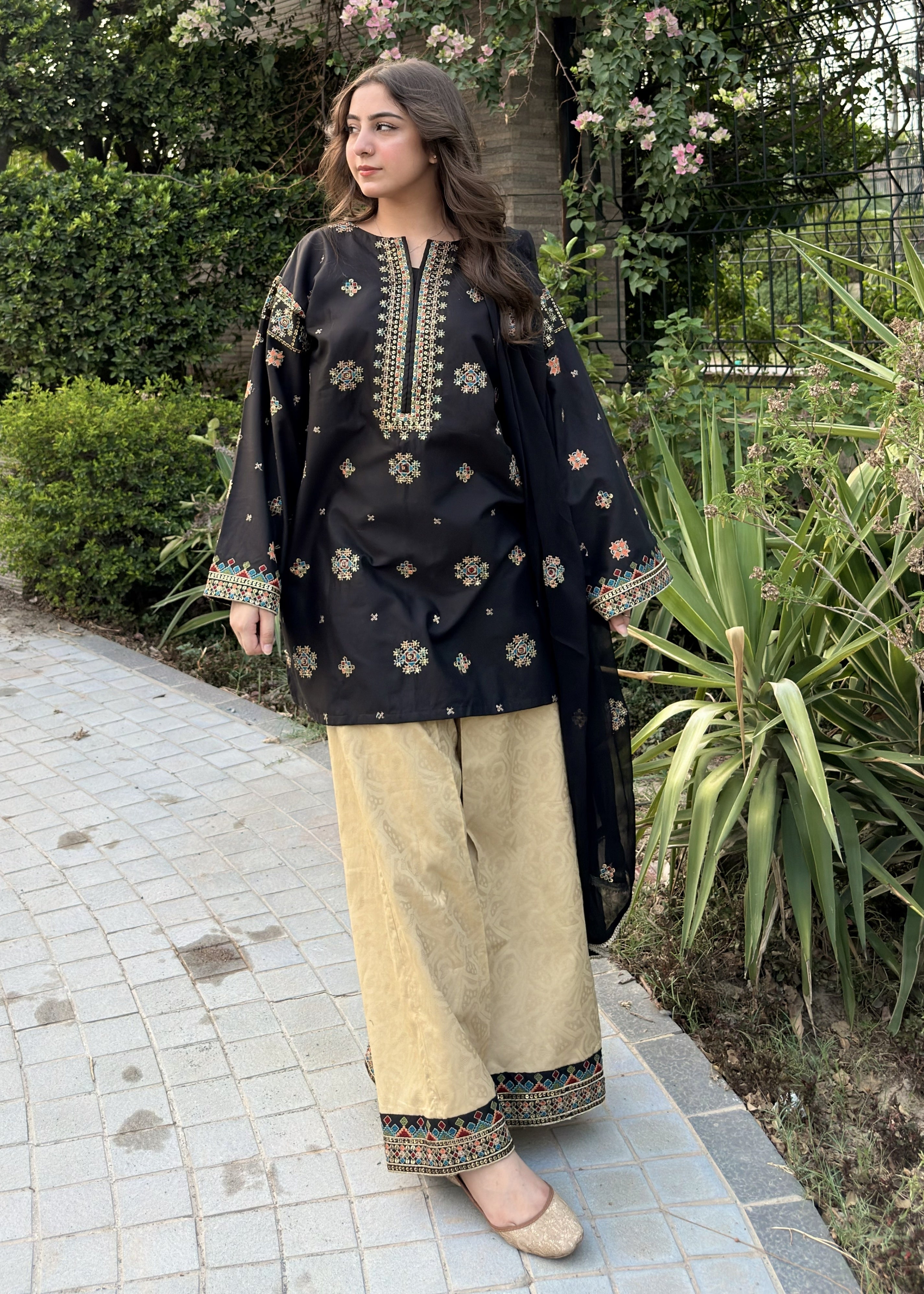 cambric Kurta Set in Black