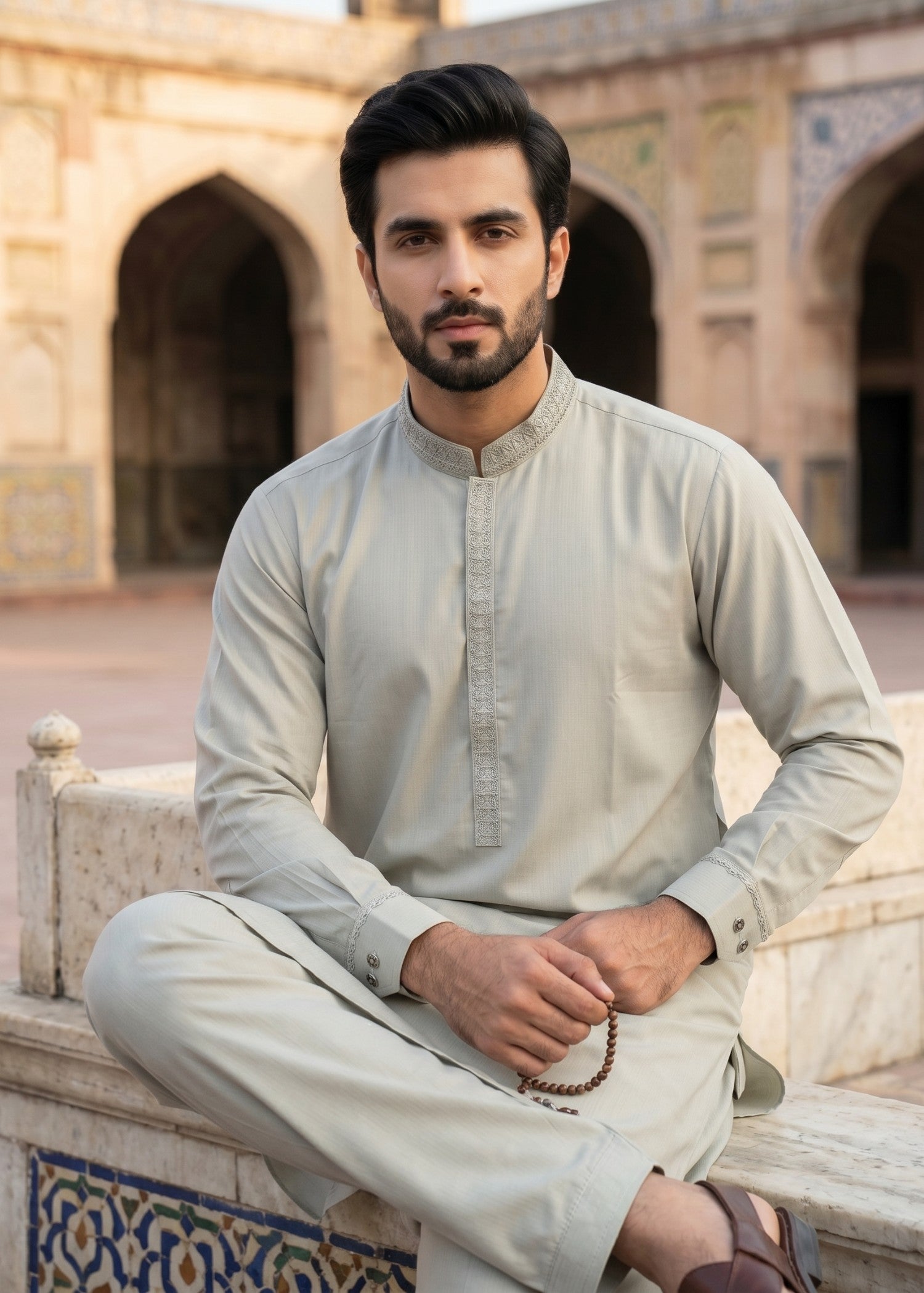 textured wash & wear Shalwar Kameez in Moss green