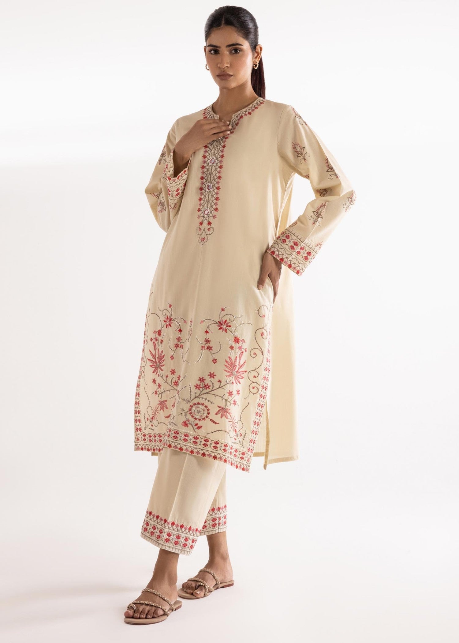 lawn Kurta Set in Beige
