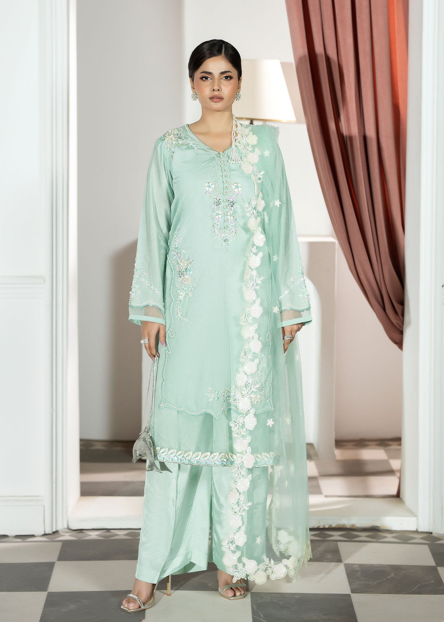 silk Kurta Set in Aquamarine