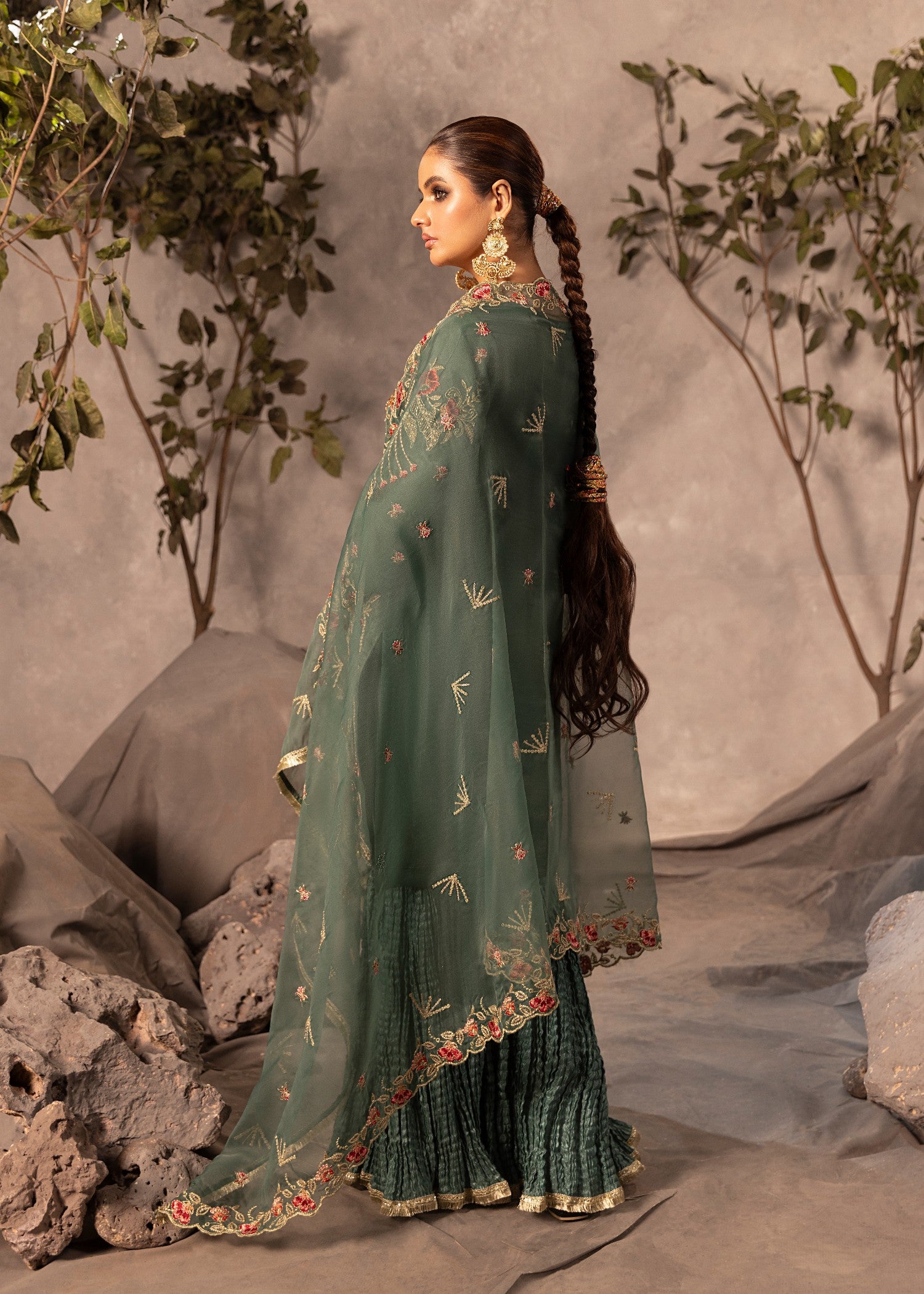 organza Gharara in Green