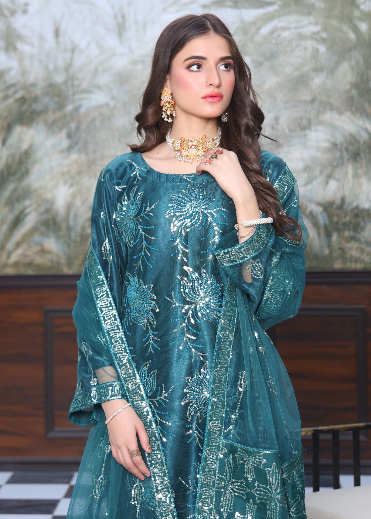 net Kurta Set in Sea green