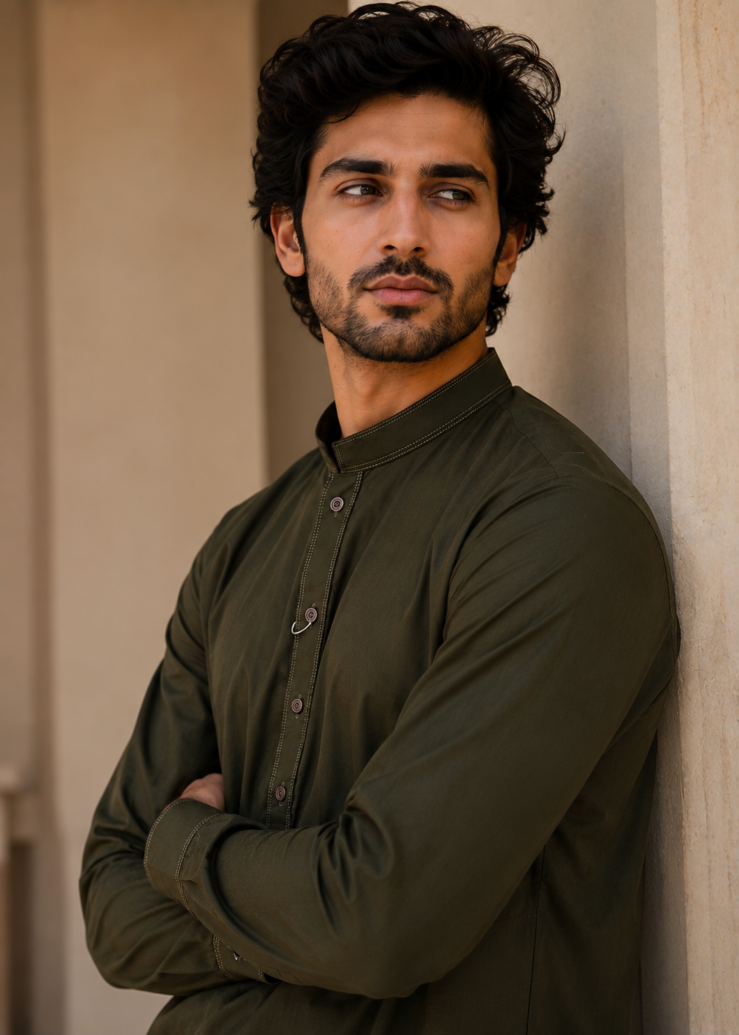 wash & wear Kurta Set in Black olive