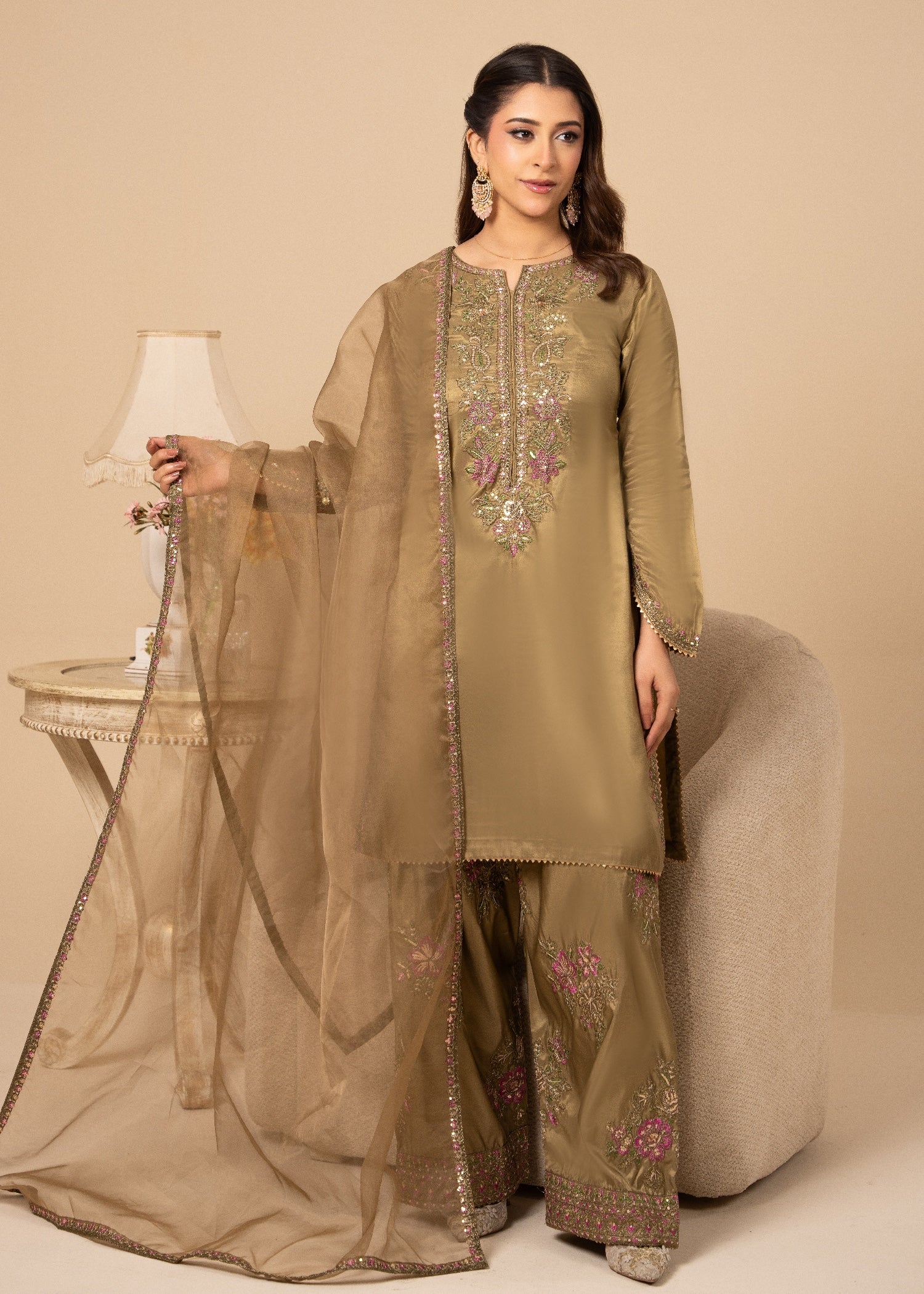 silk Kurta Set in Tan brown