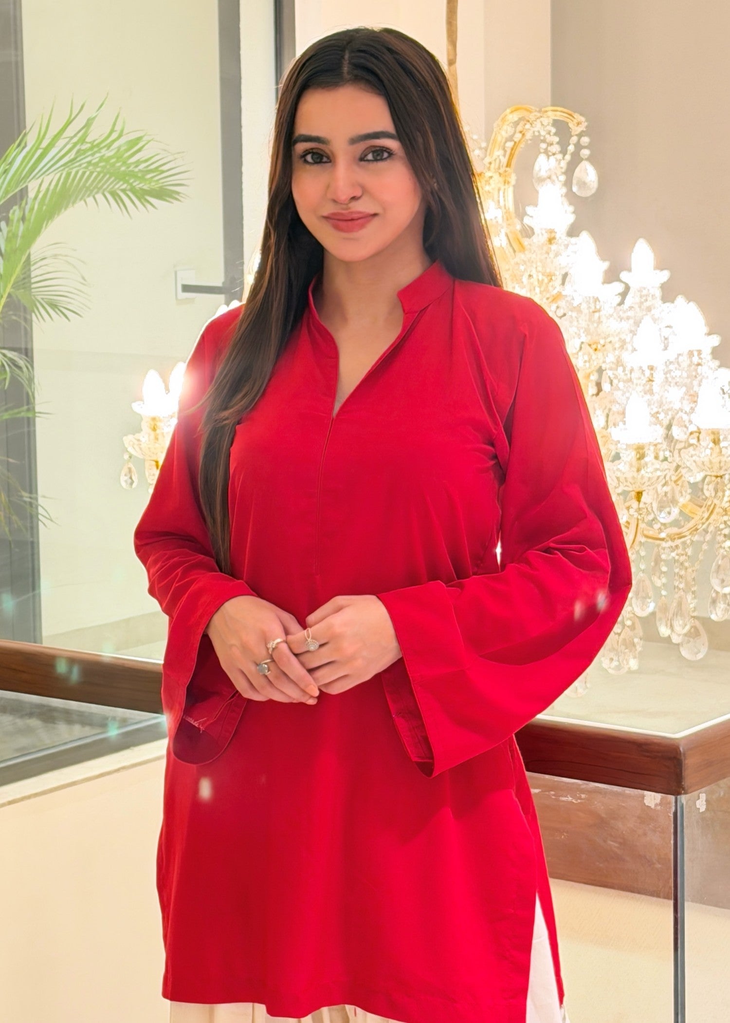 arabic lawn Kurta Set in Red, cream