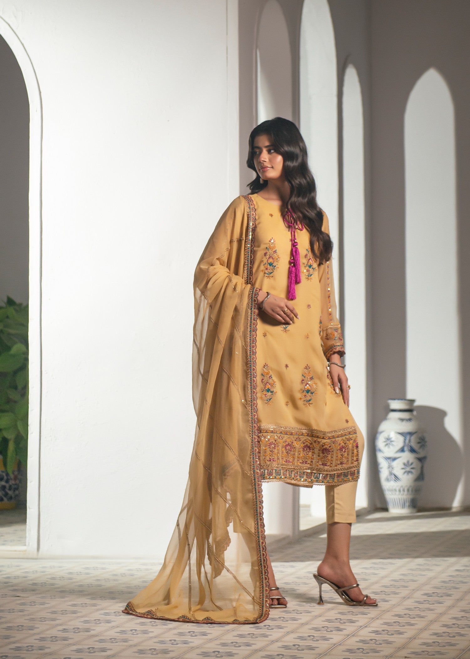 chiffon Kurta Set in Champagne