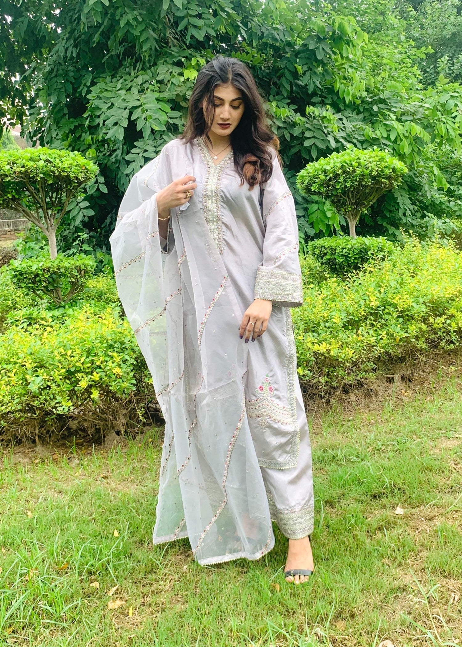 tussar silk Kurta Set in Pastel grey