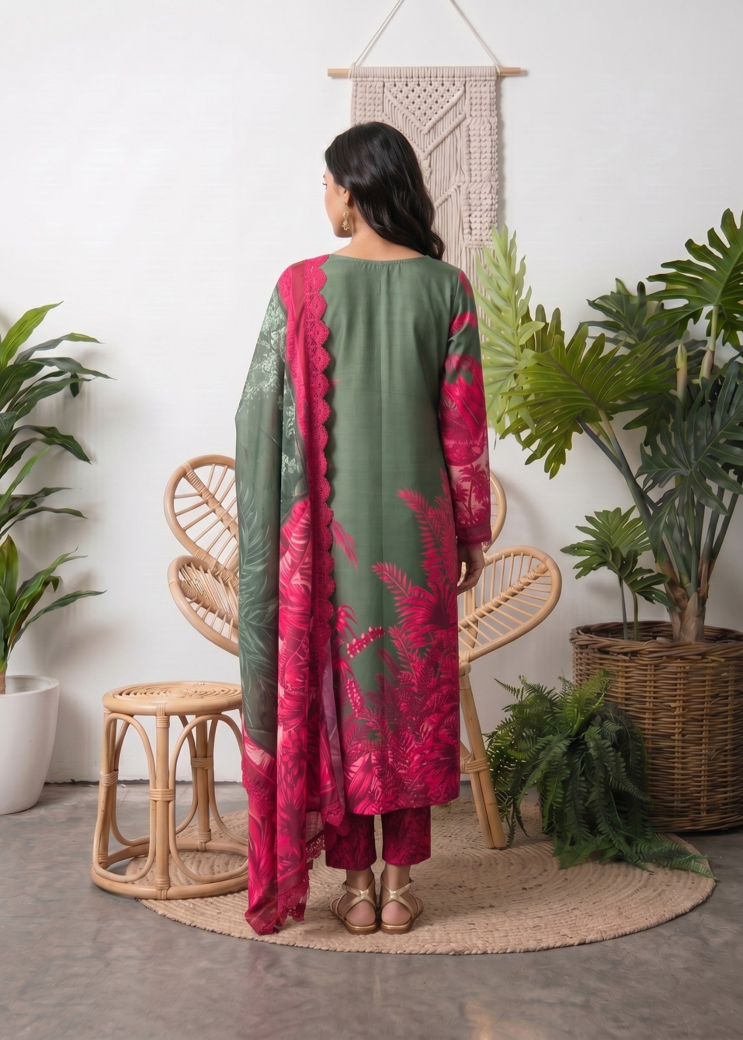 lawn Kurta Set in Green, amaranth