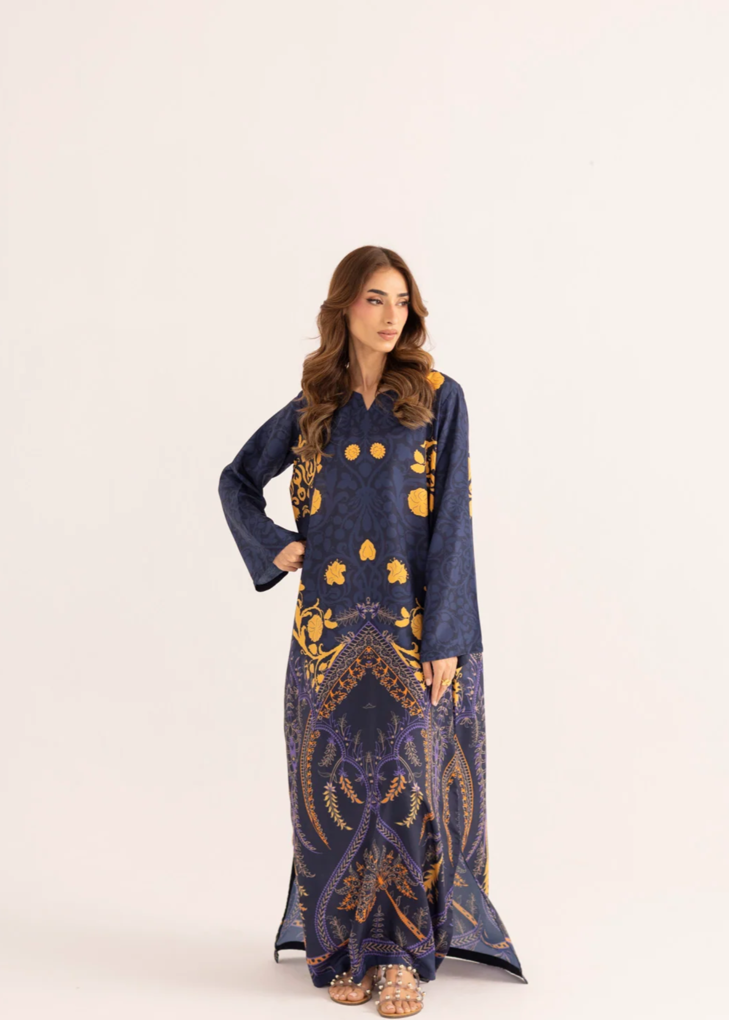 silk finish lawn Kaftan in Navy blue