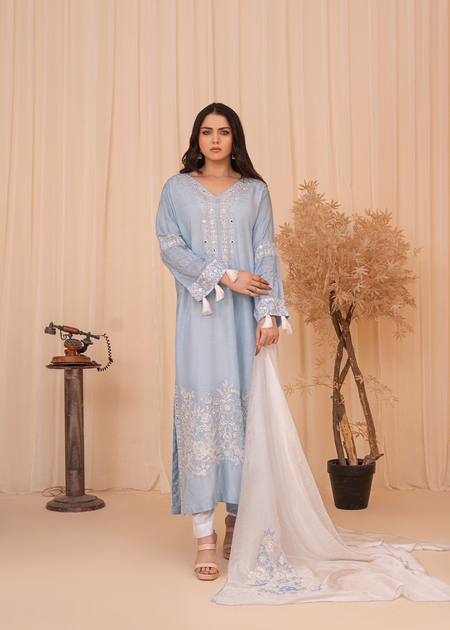 silk Kaftan in White, powder blue