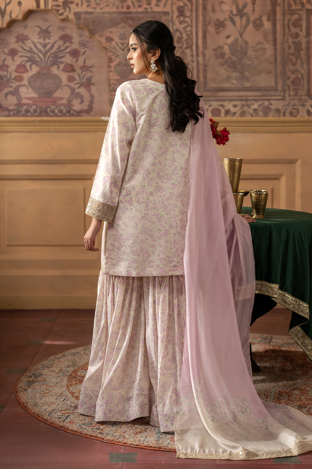 silk finish lawn Gharara in Ivory
