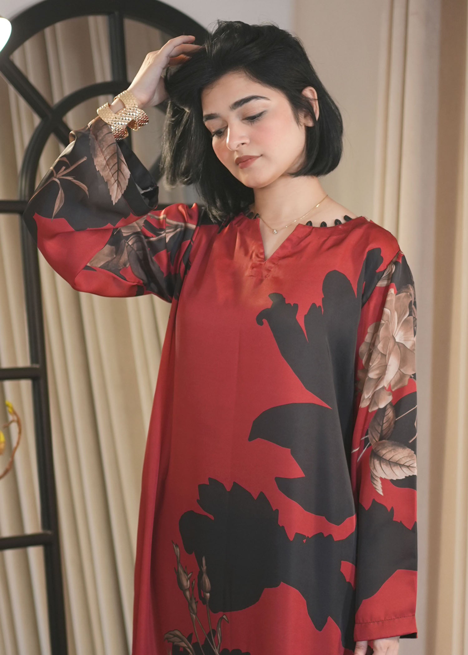 satin silk Kaftan in Red
