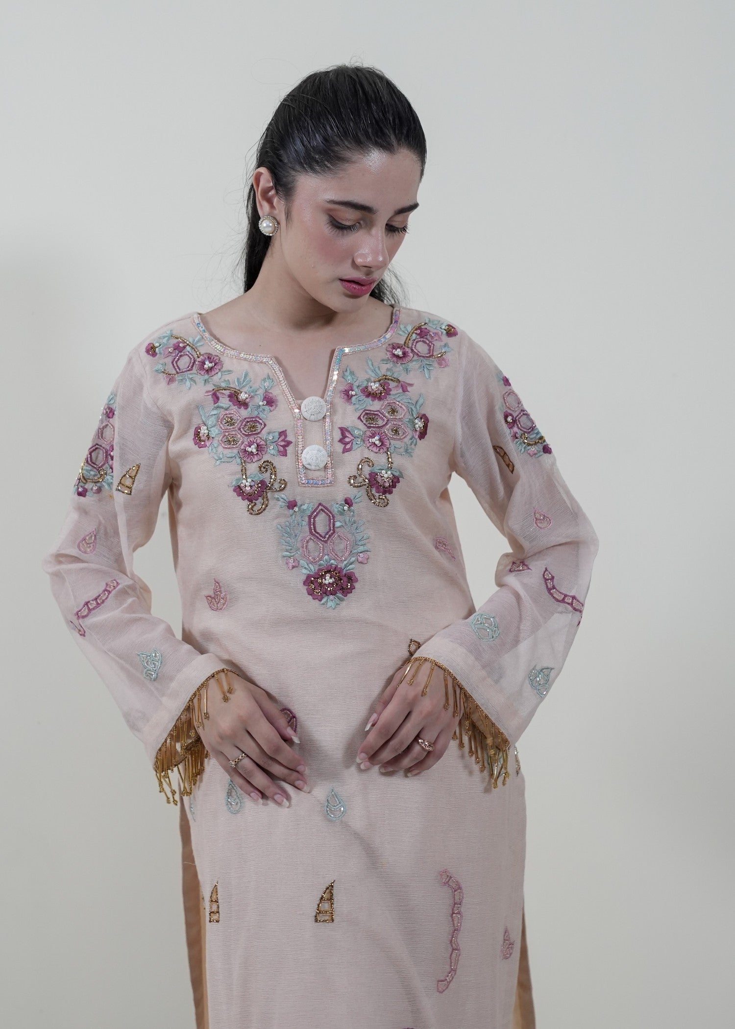 cotton net Kurta Set in Beige