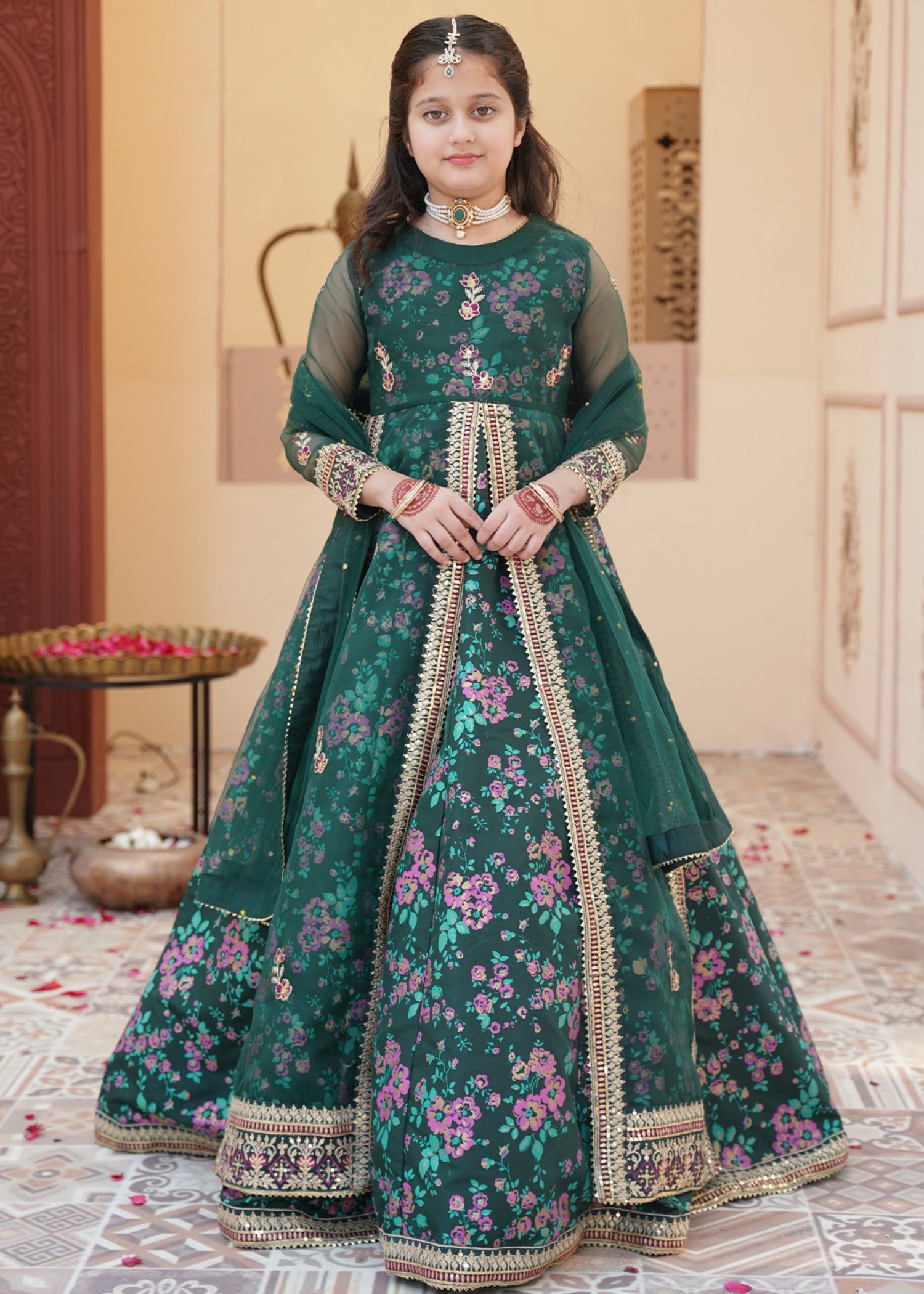 silk Pishwas in Forest green