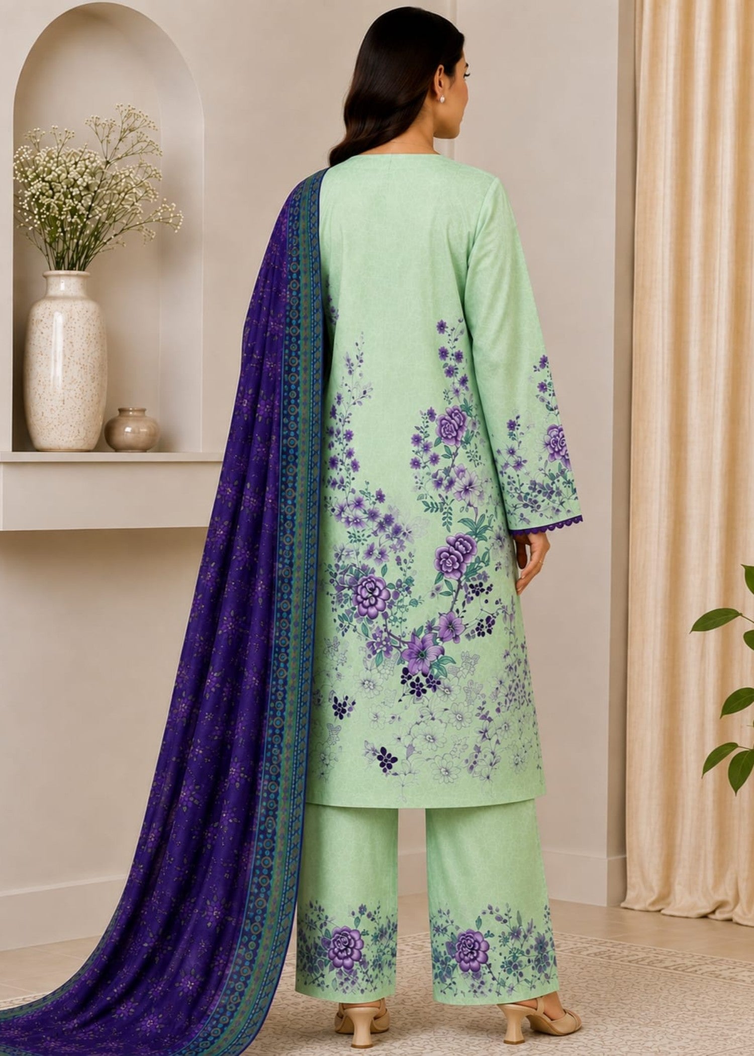 lawn Kurta Set in Purple heart, mint green