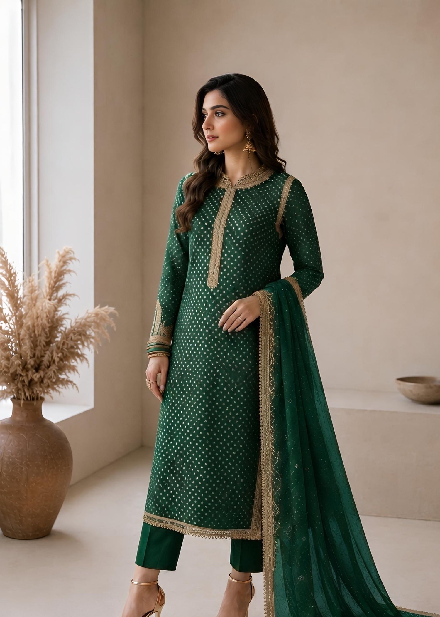 swiss lawn Kurta Set in Bottle green