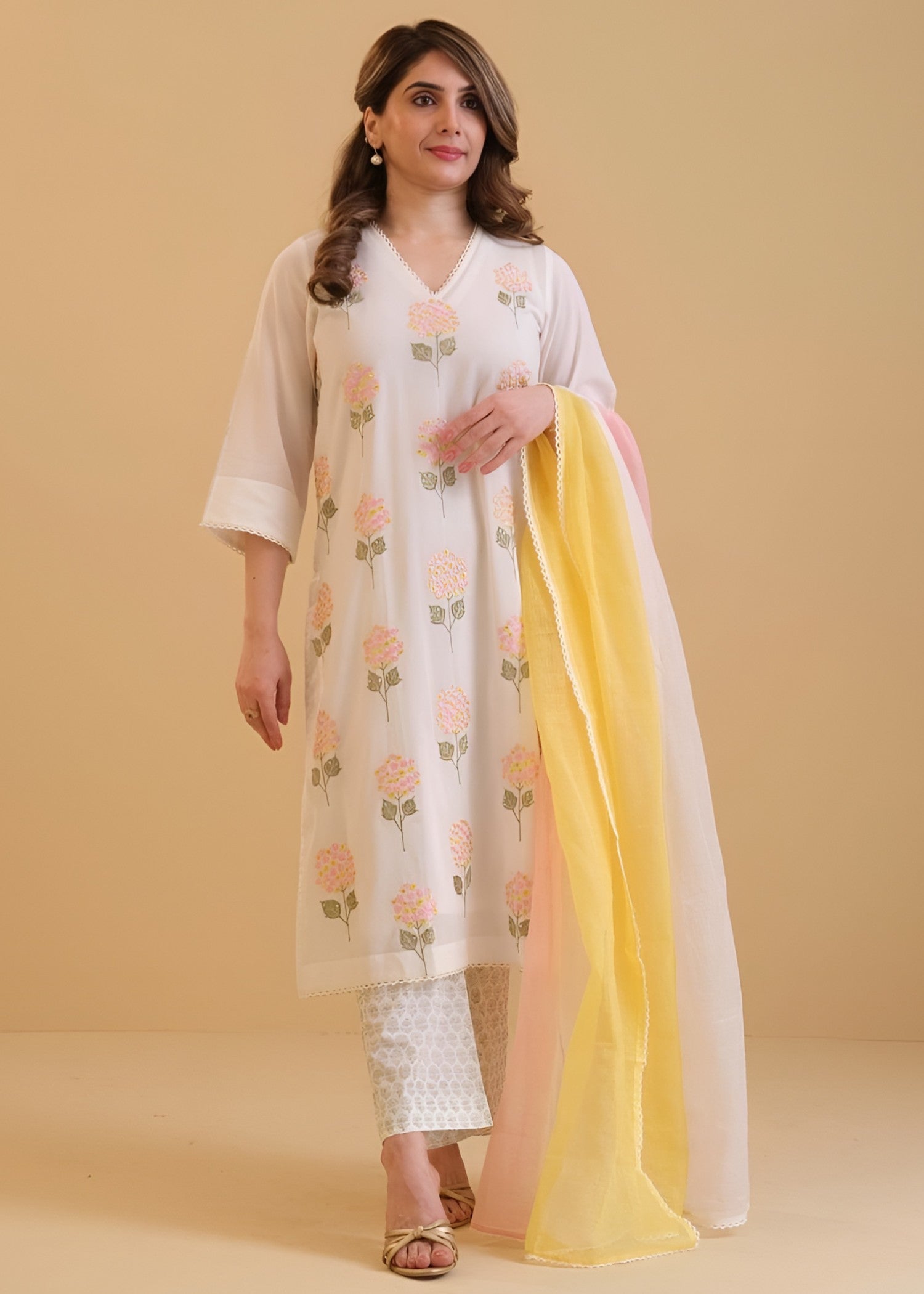 cambric cotton Kurta Set in Off-white, pale pink