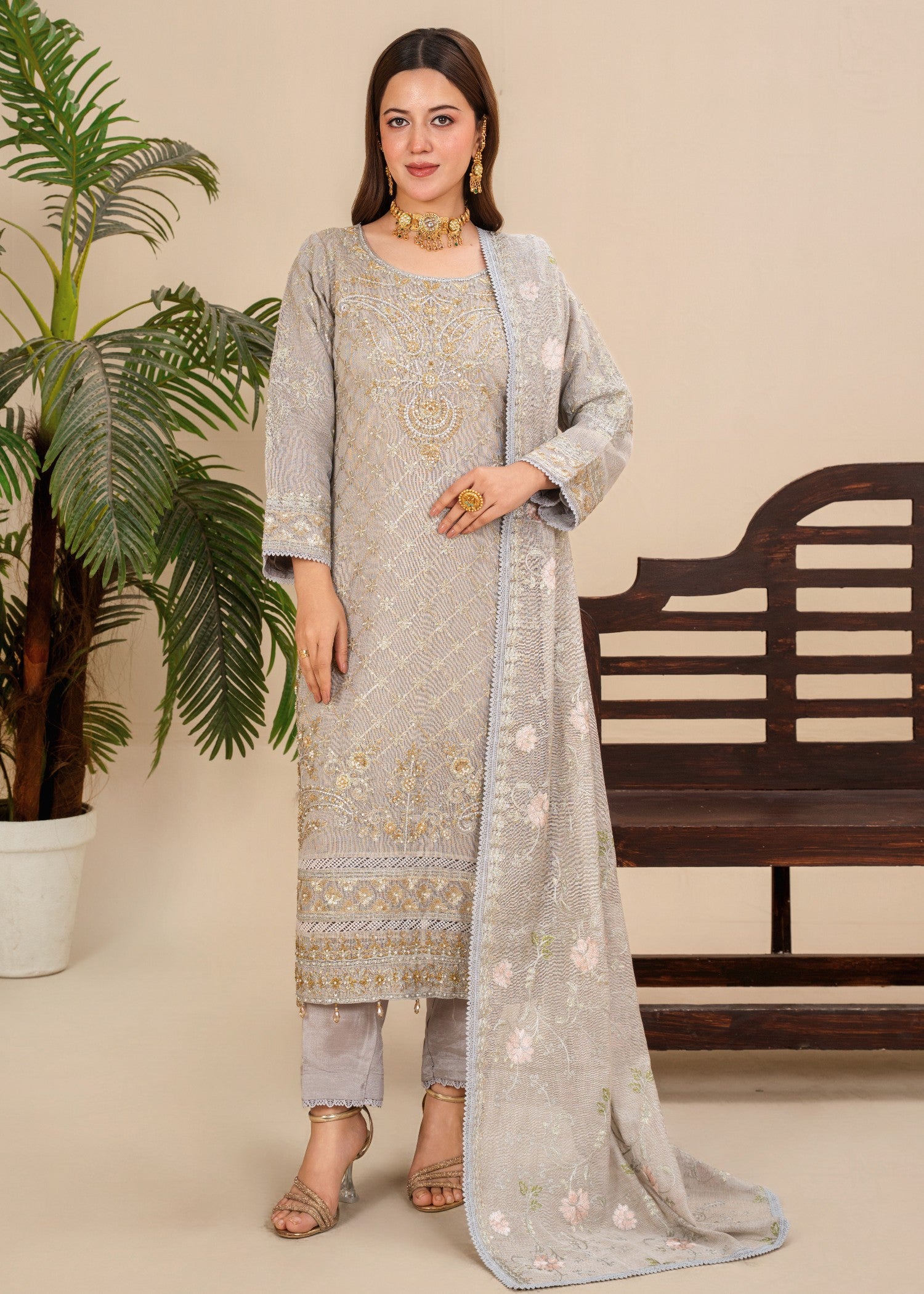 khaddi net Kurta Set in Pastel grey