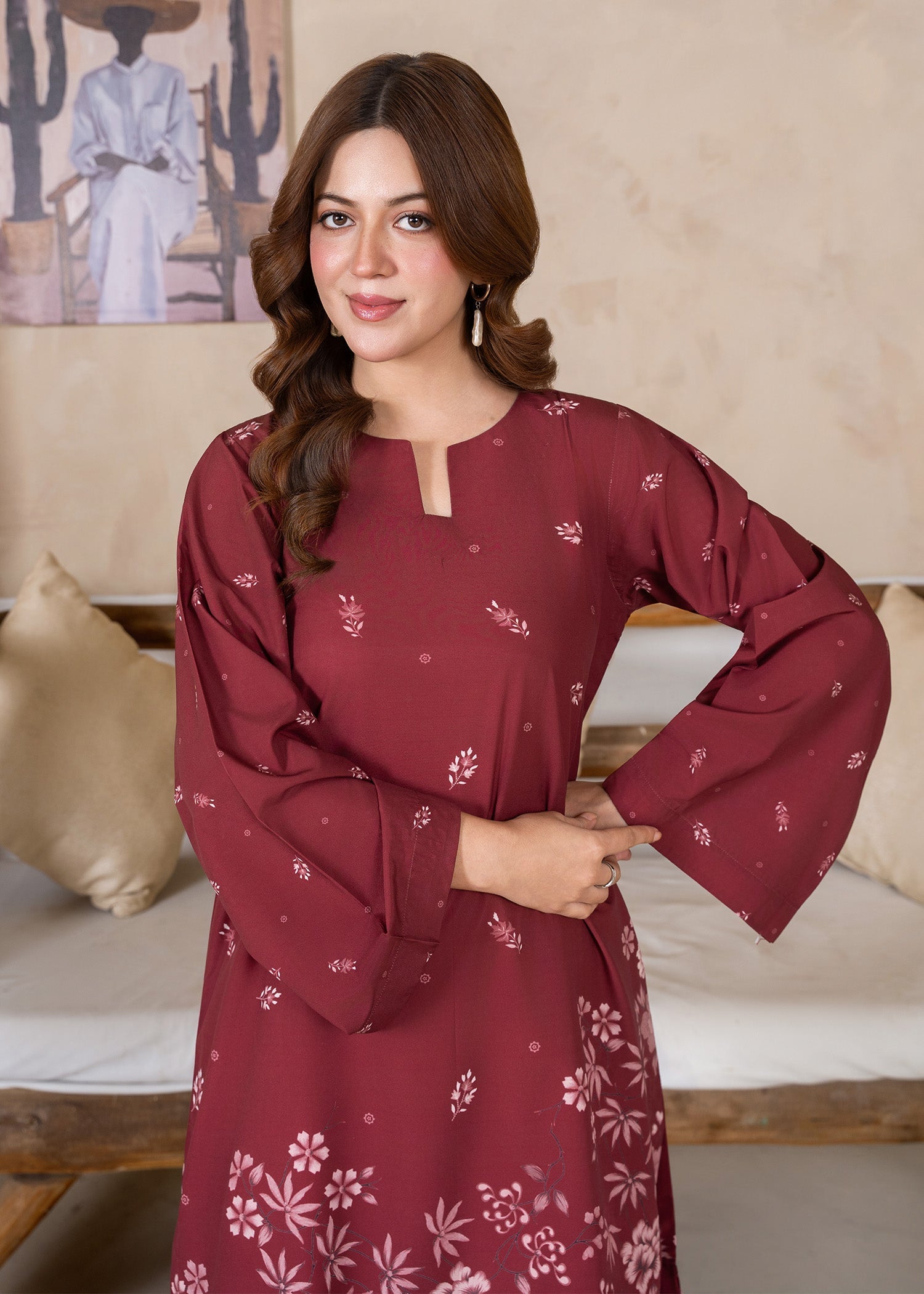 poly lawn Kurta Set in Blood red