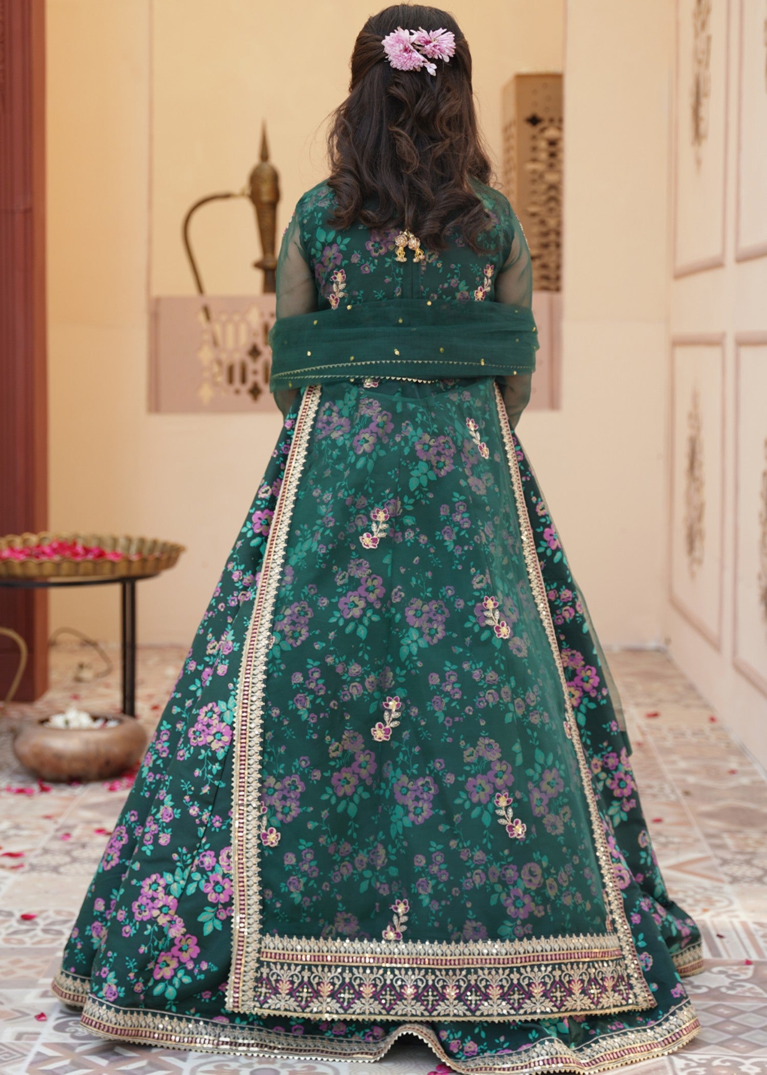silk Pishwas in Forest green