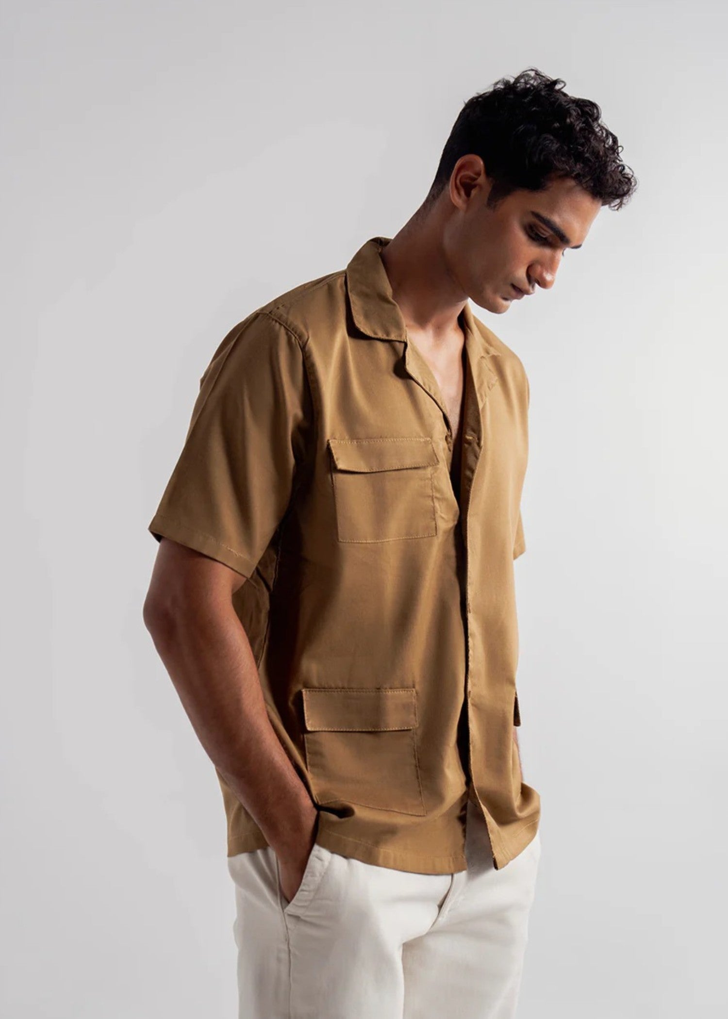cotton Casual Shirt in Camel brown