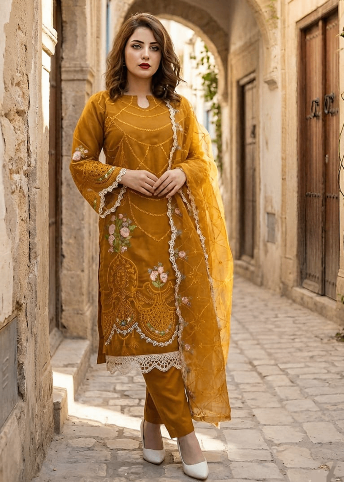 cotton net Kurta Set in Mustard