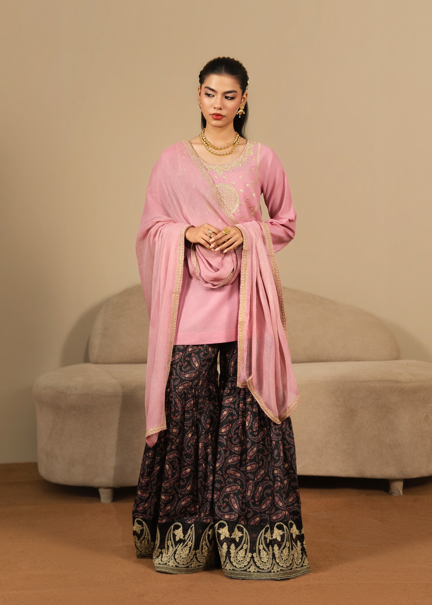 cotton Gharara in Tea rose pink