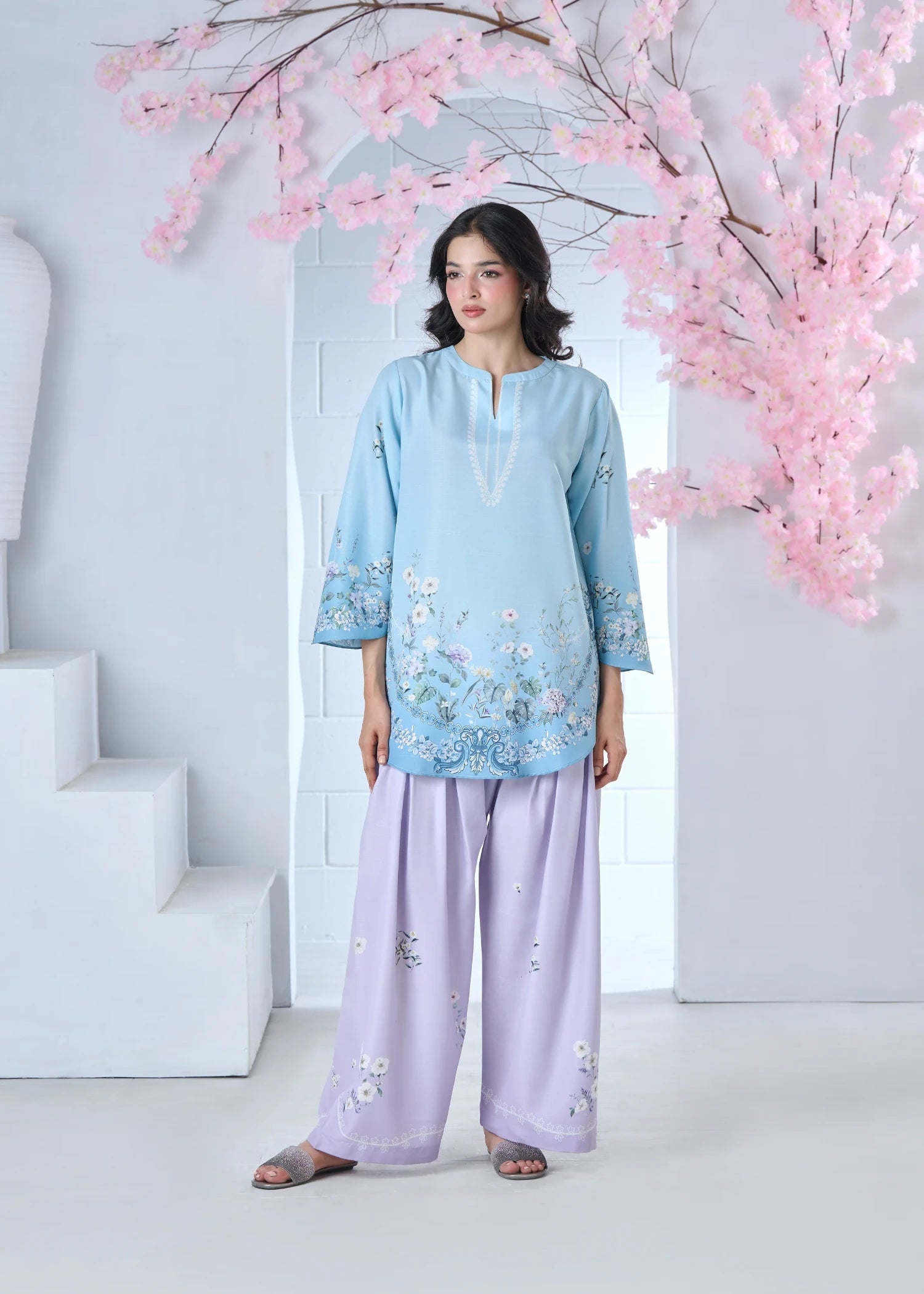 raw silk Kurta Set in Lilac, light blue