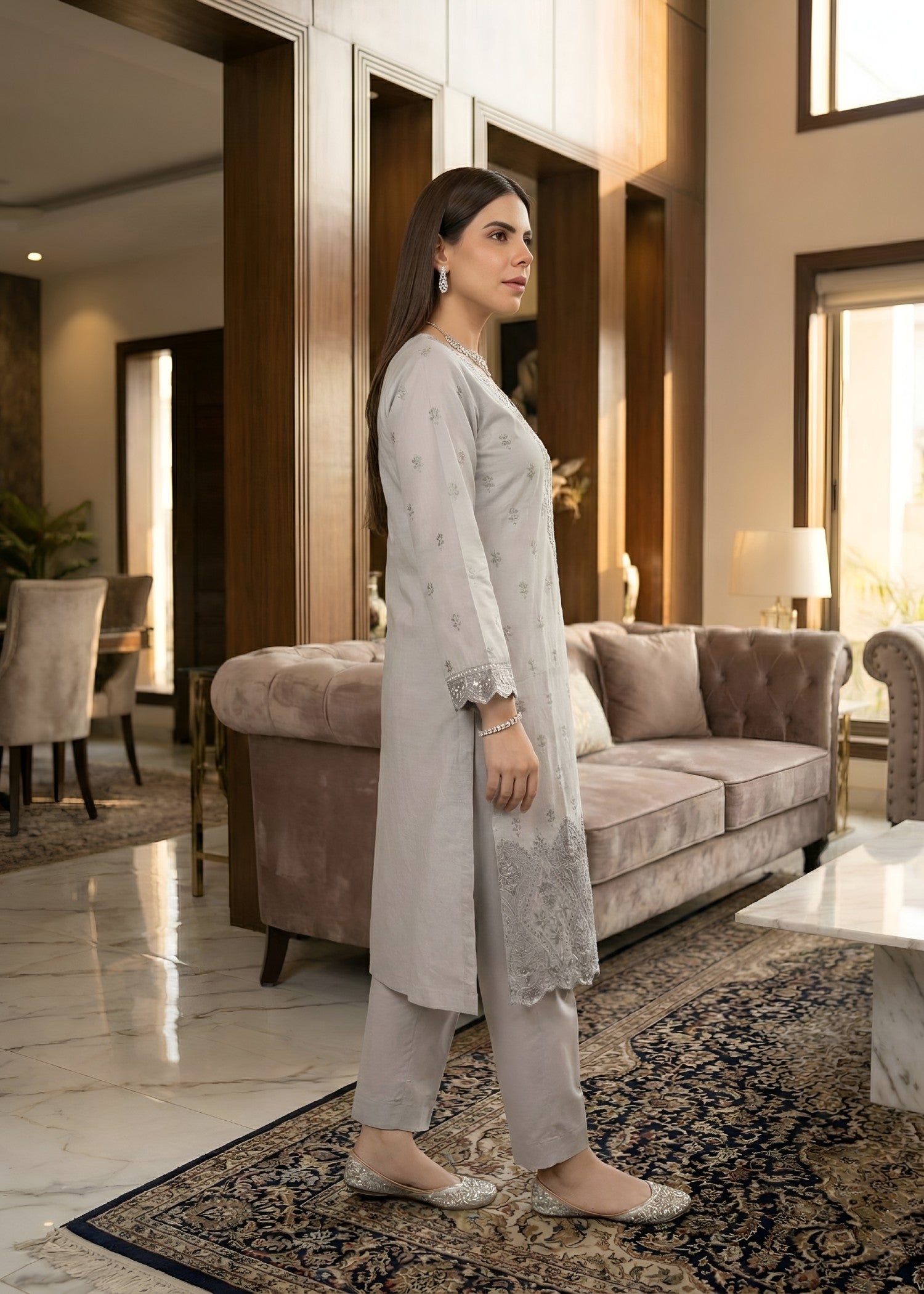 slub cambric Kurta Set in Ash grey