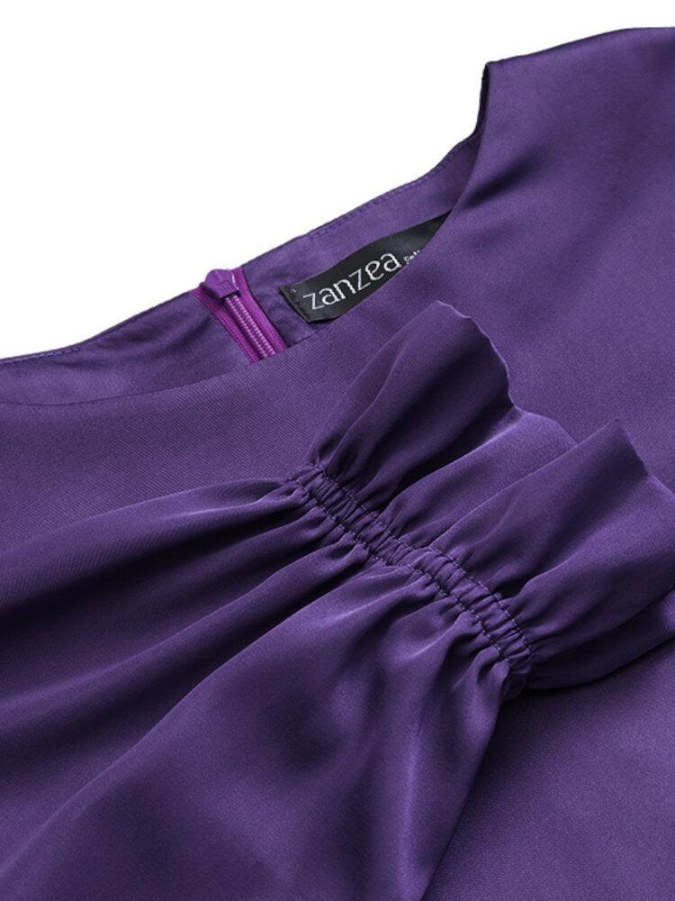 Women  Satin Solid Puff Sleeve Knee Length Midi Dresses