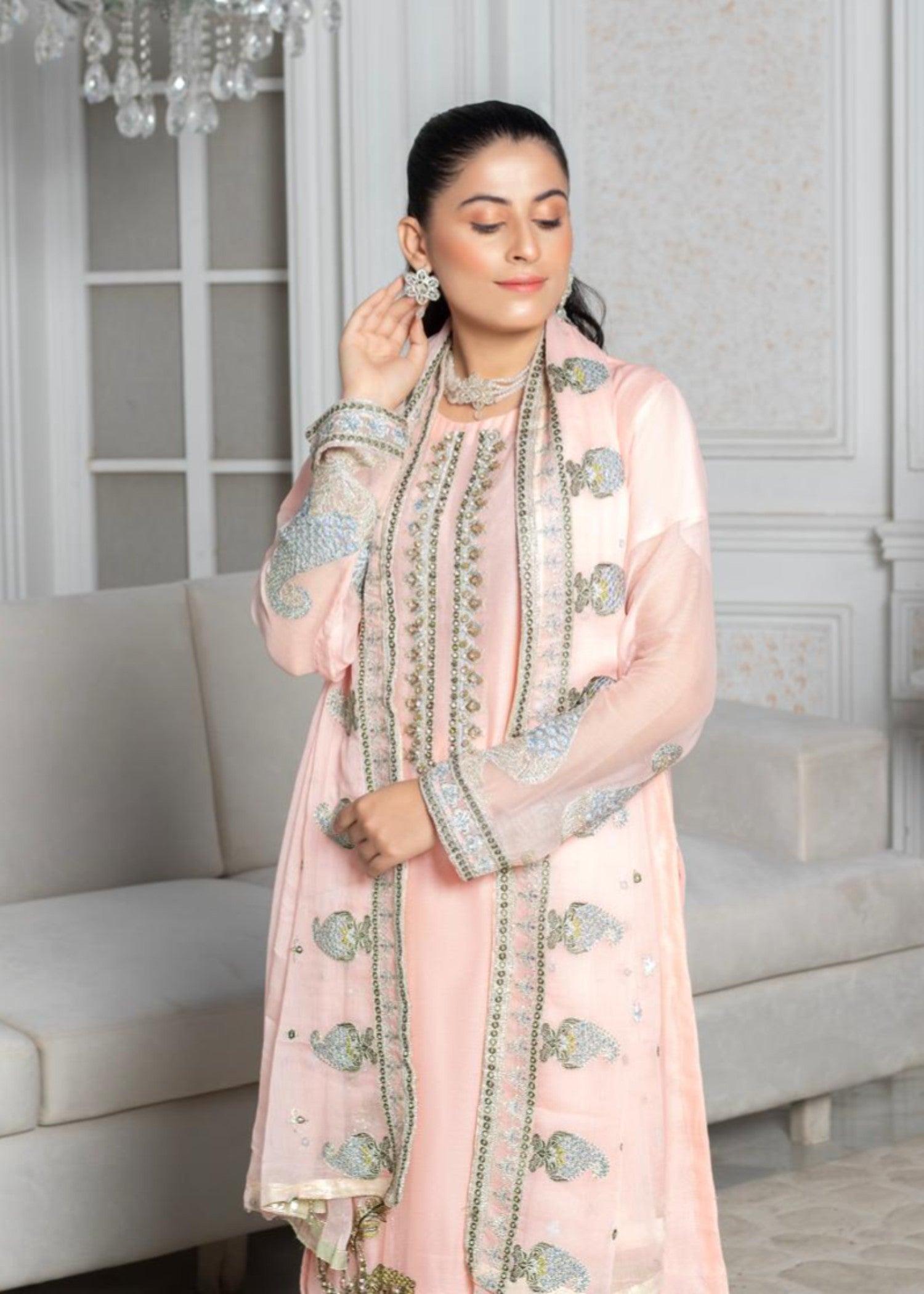 polyester chiffon Kurta Set in Peach orange