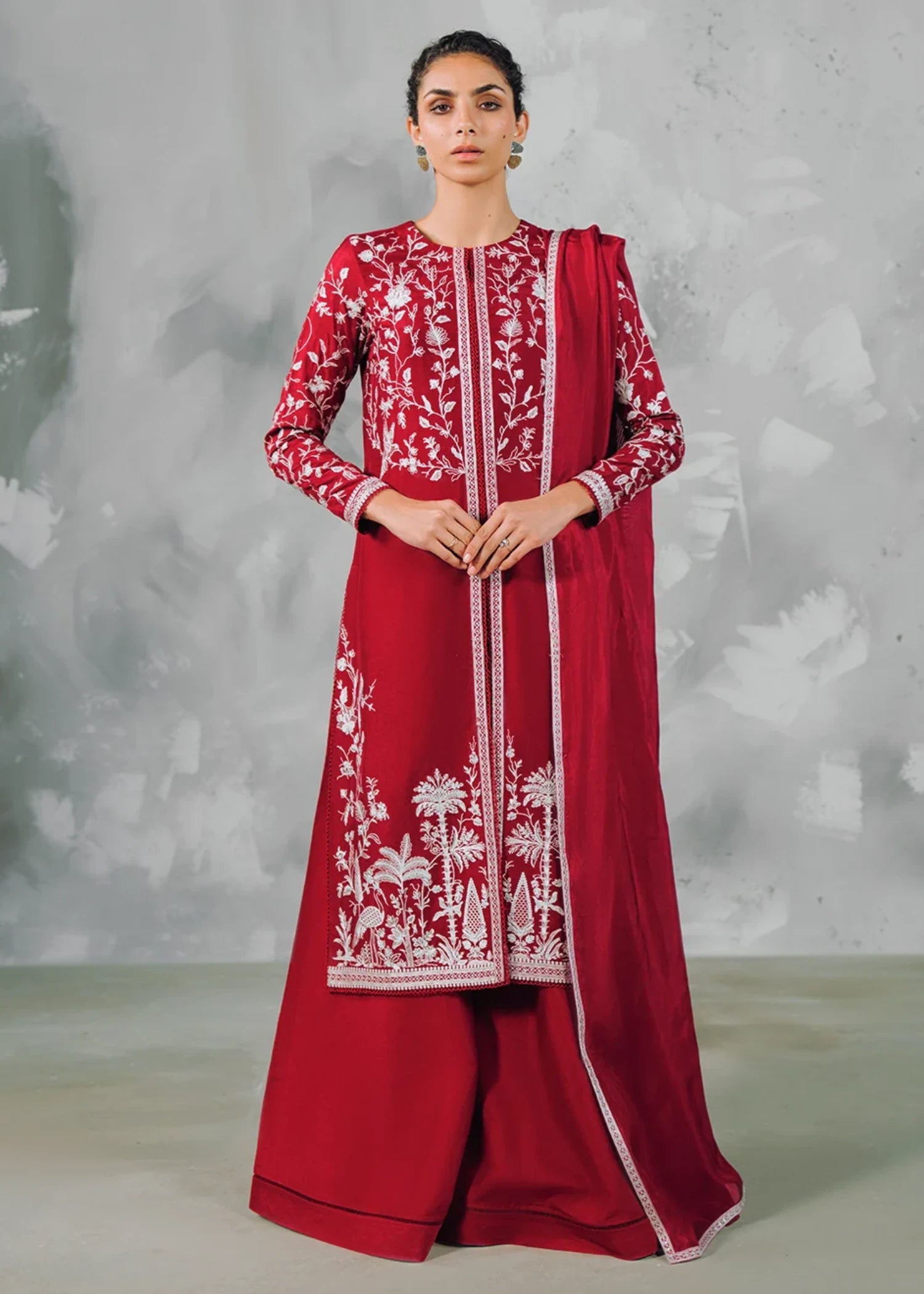 korean raw silk Kurta Set in Cherry red