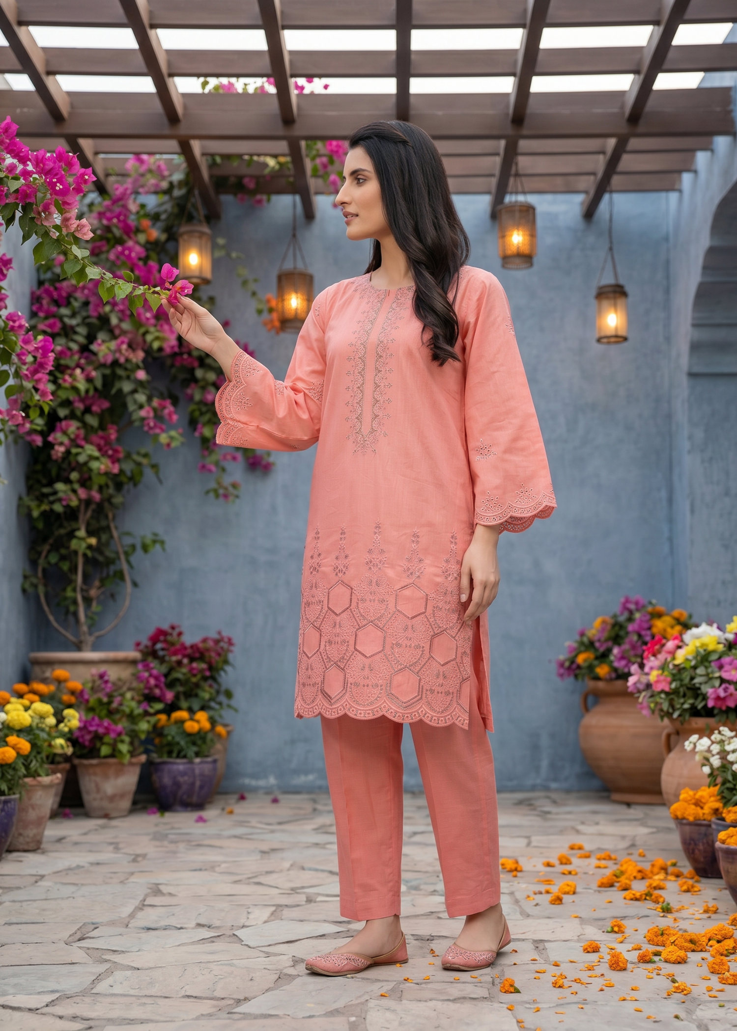textured lawn Kurti in Peach pink