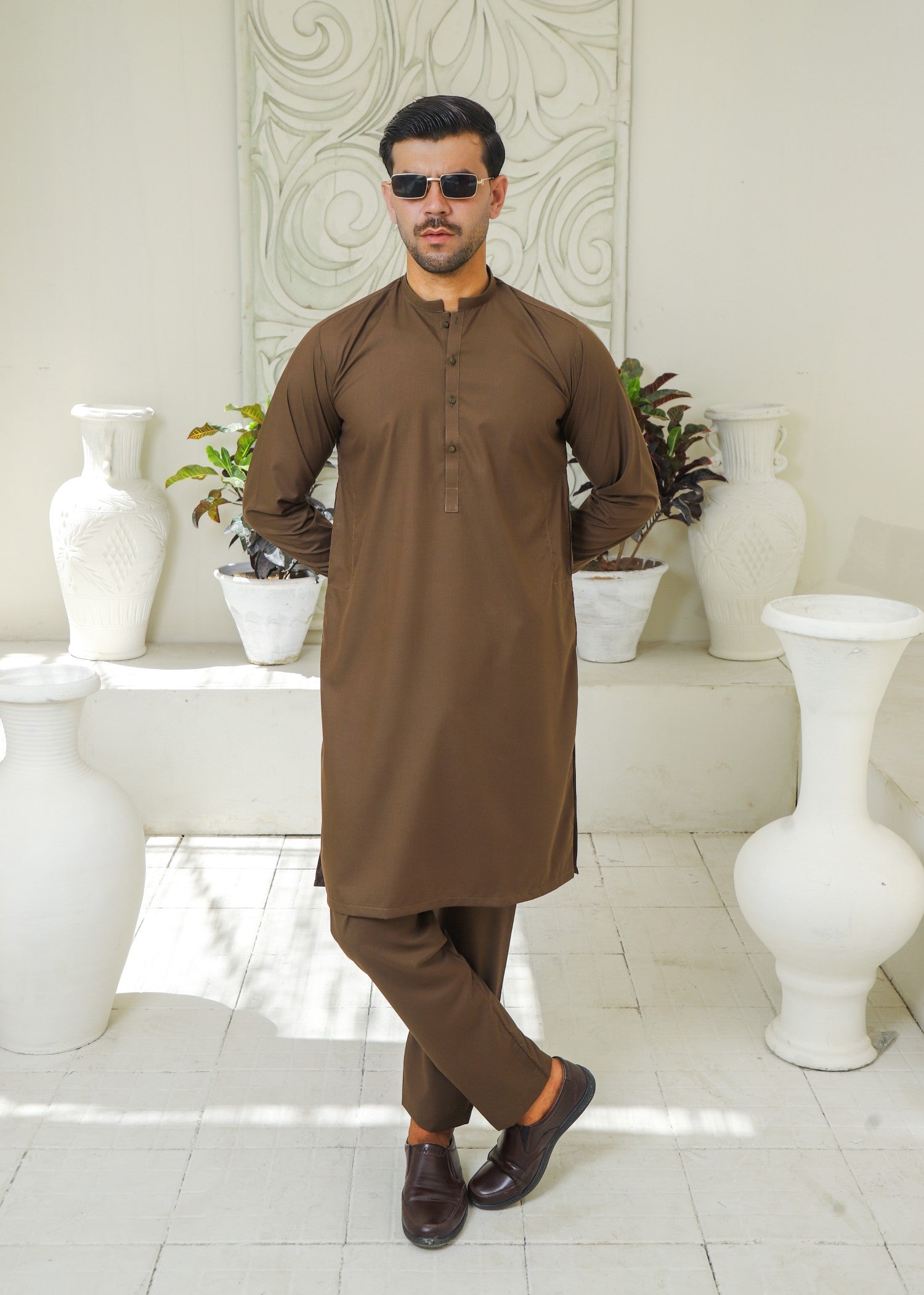 wash & wear Kurta Set in Oak brown