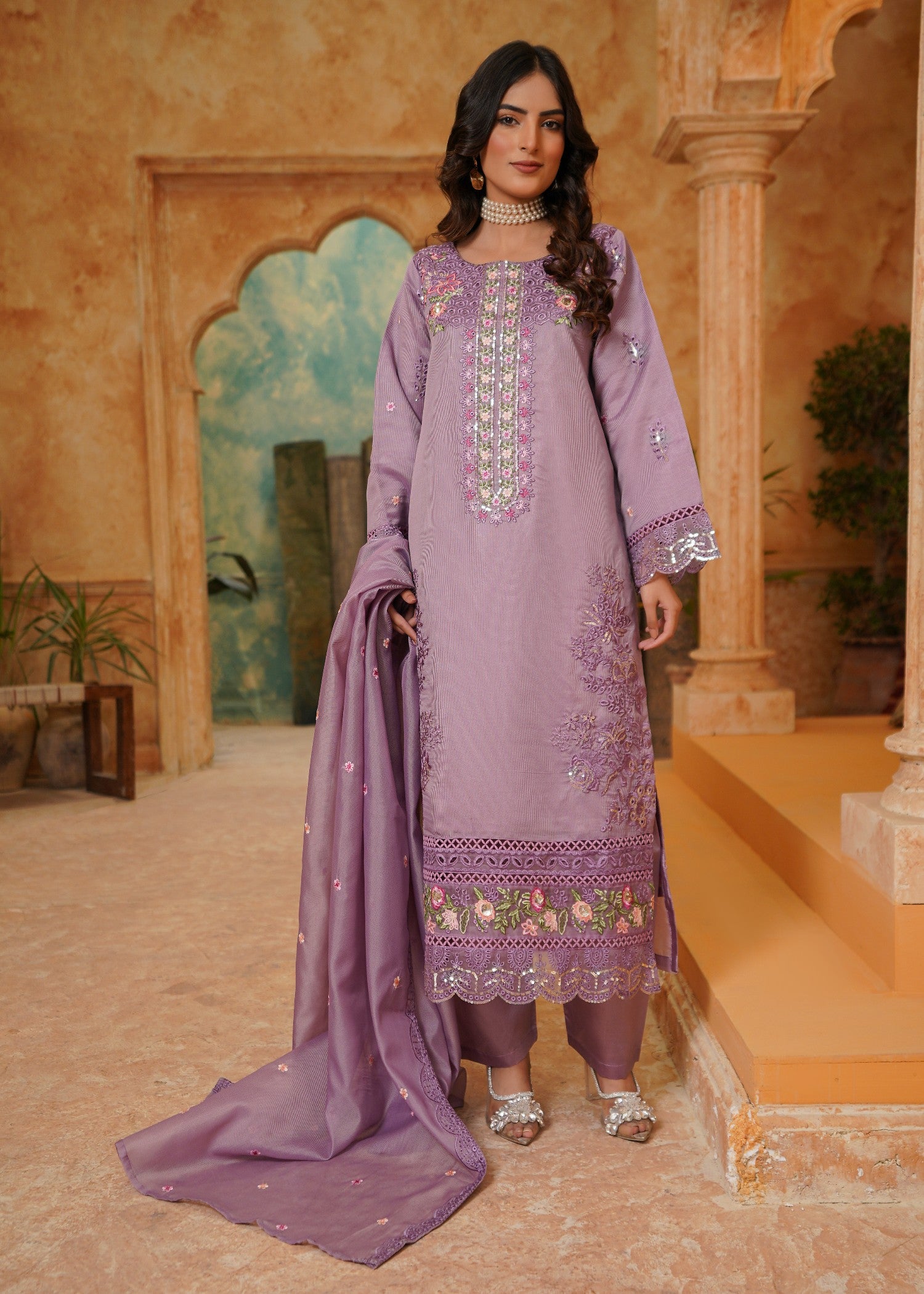 khaddi net Kurta Set in Lilac, heathered lilac