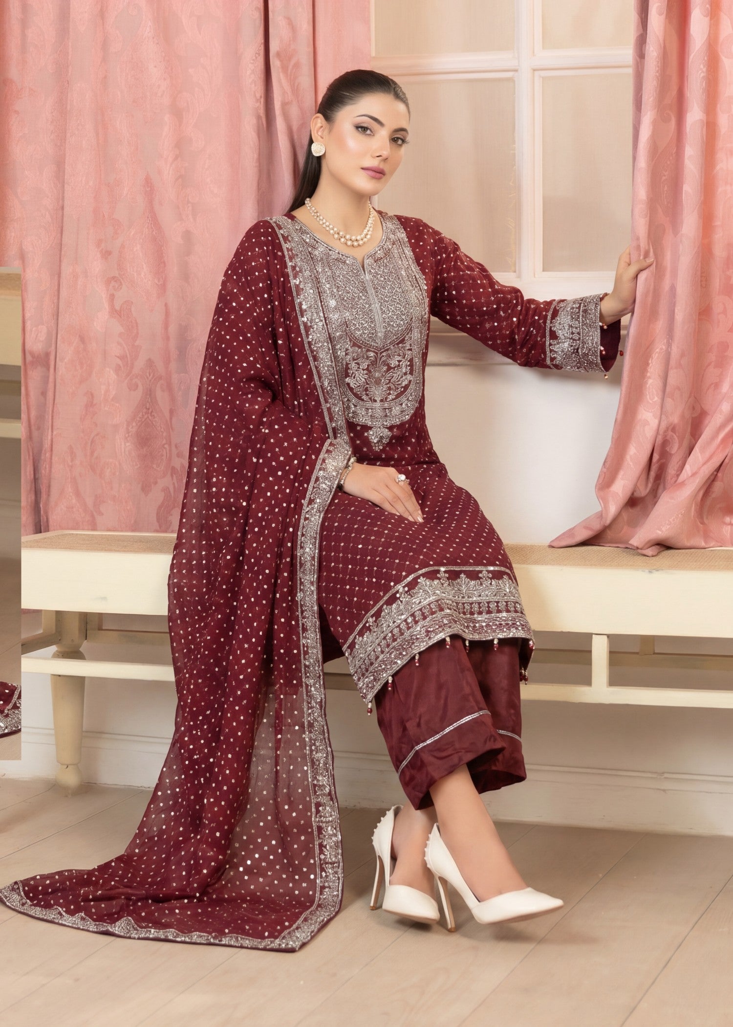 chiffon Kurta Set in Blood red