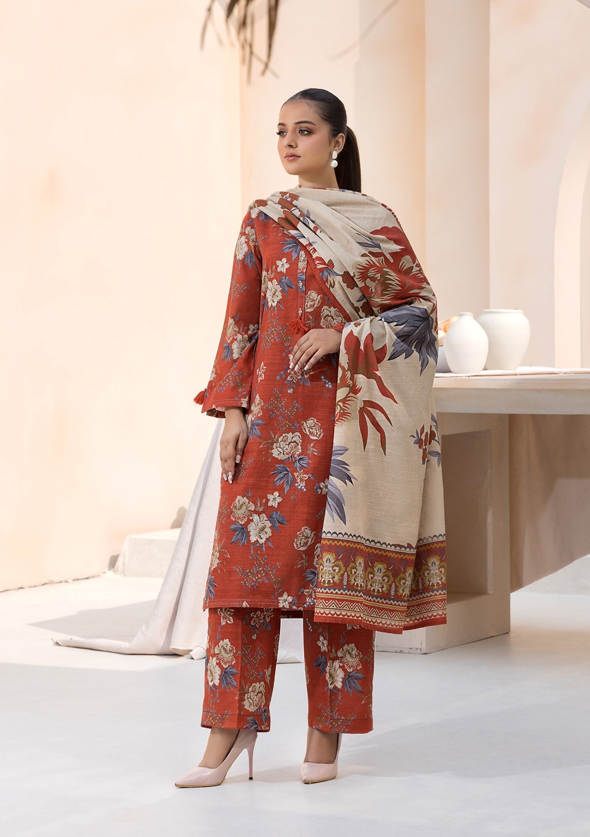 khaddar Kurta Set in Rust red