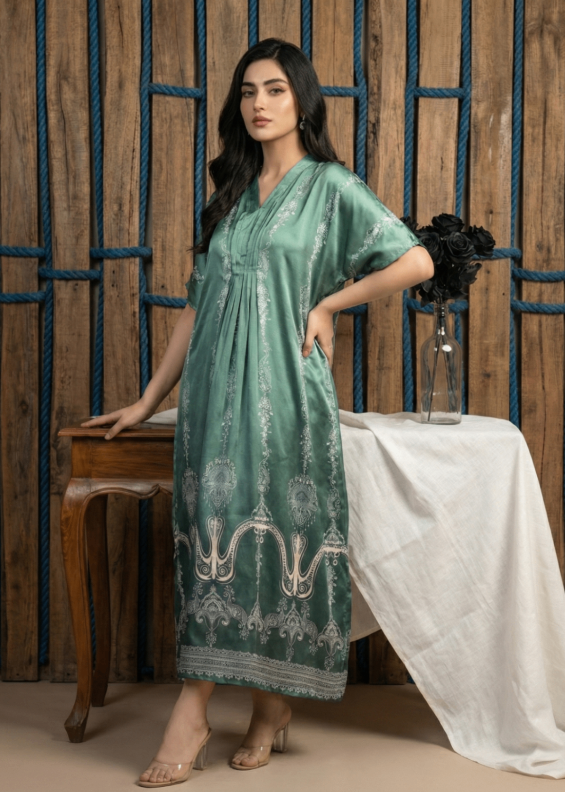 silk charmeuse Kaftan in Mint green