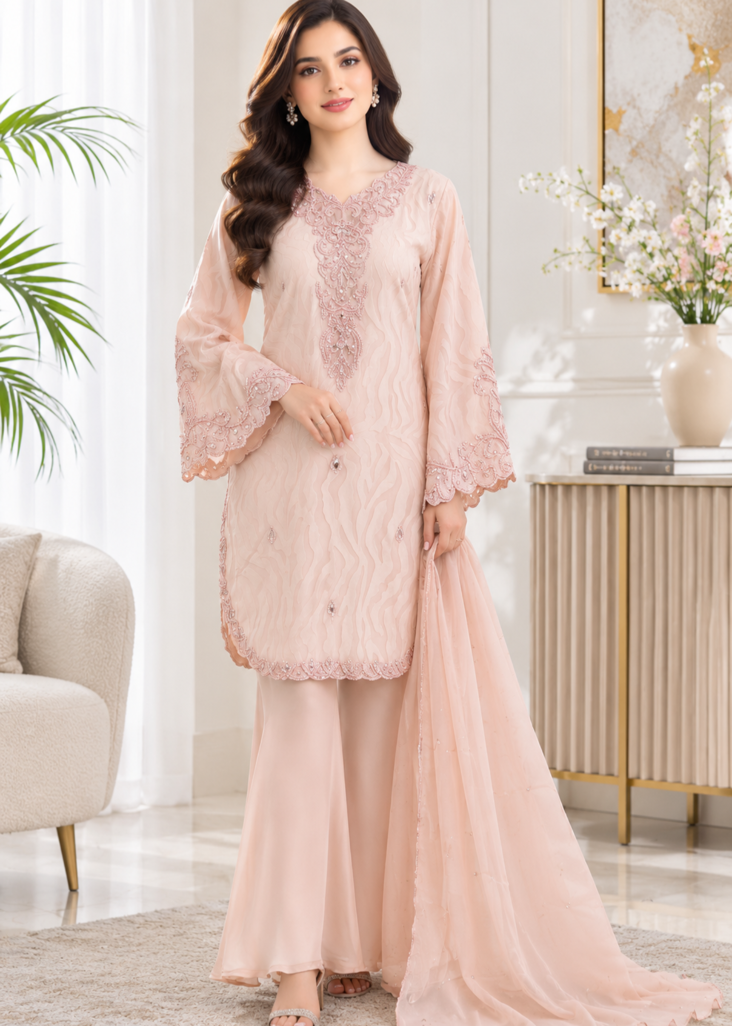 jacquard chiffon Kurta Set in Peach pink