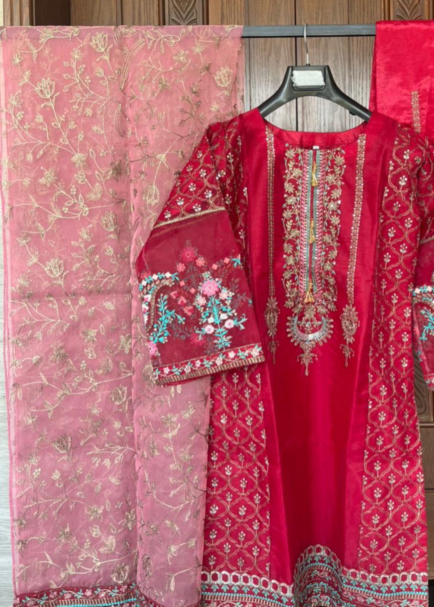 kattan silk Kurta Set in Hot pink red