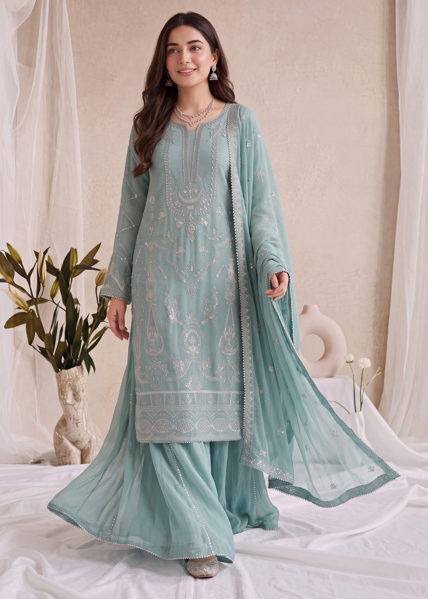 pk crinkle chiffon Kurta Set in Aquamarine