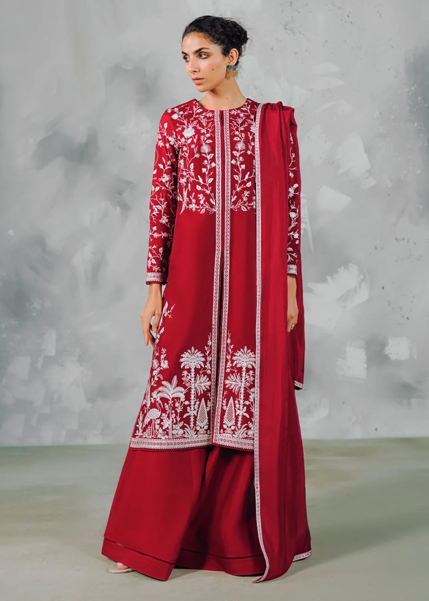 korean raw silk Kurta Set in Cherry red