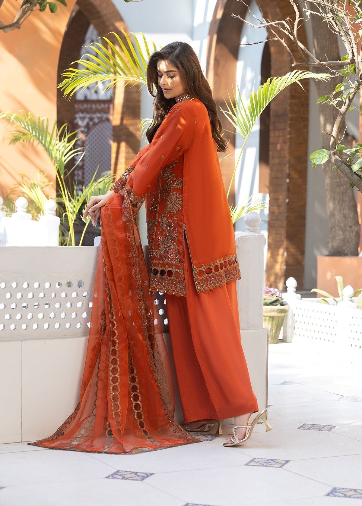 organza Kurta Set in Rust orange