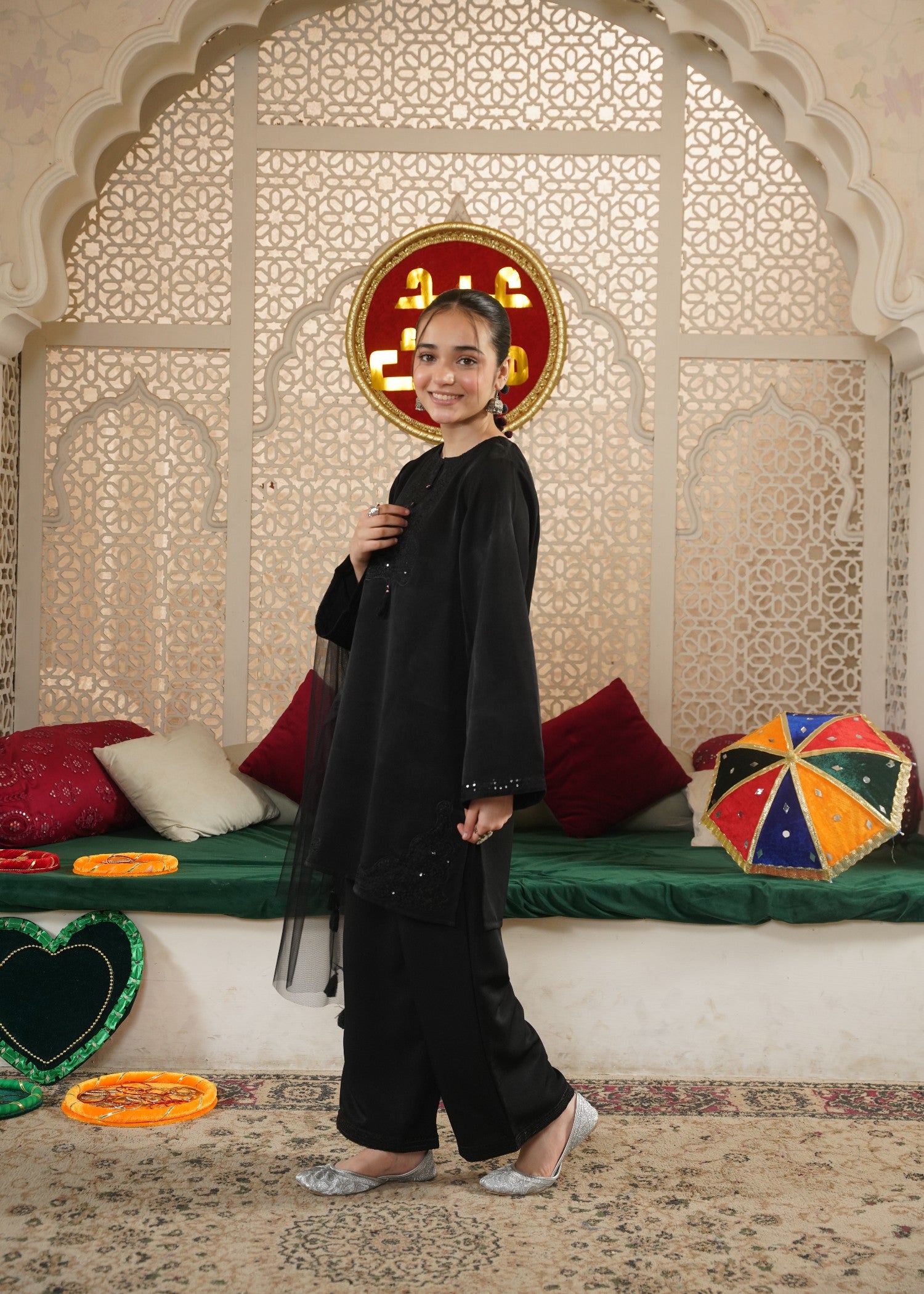 poly silk cotton net Kurta Set in Black