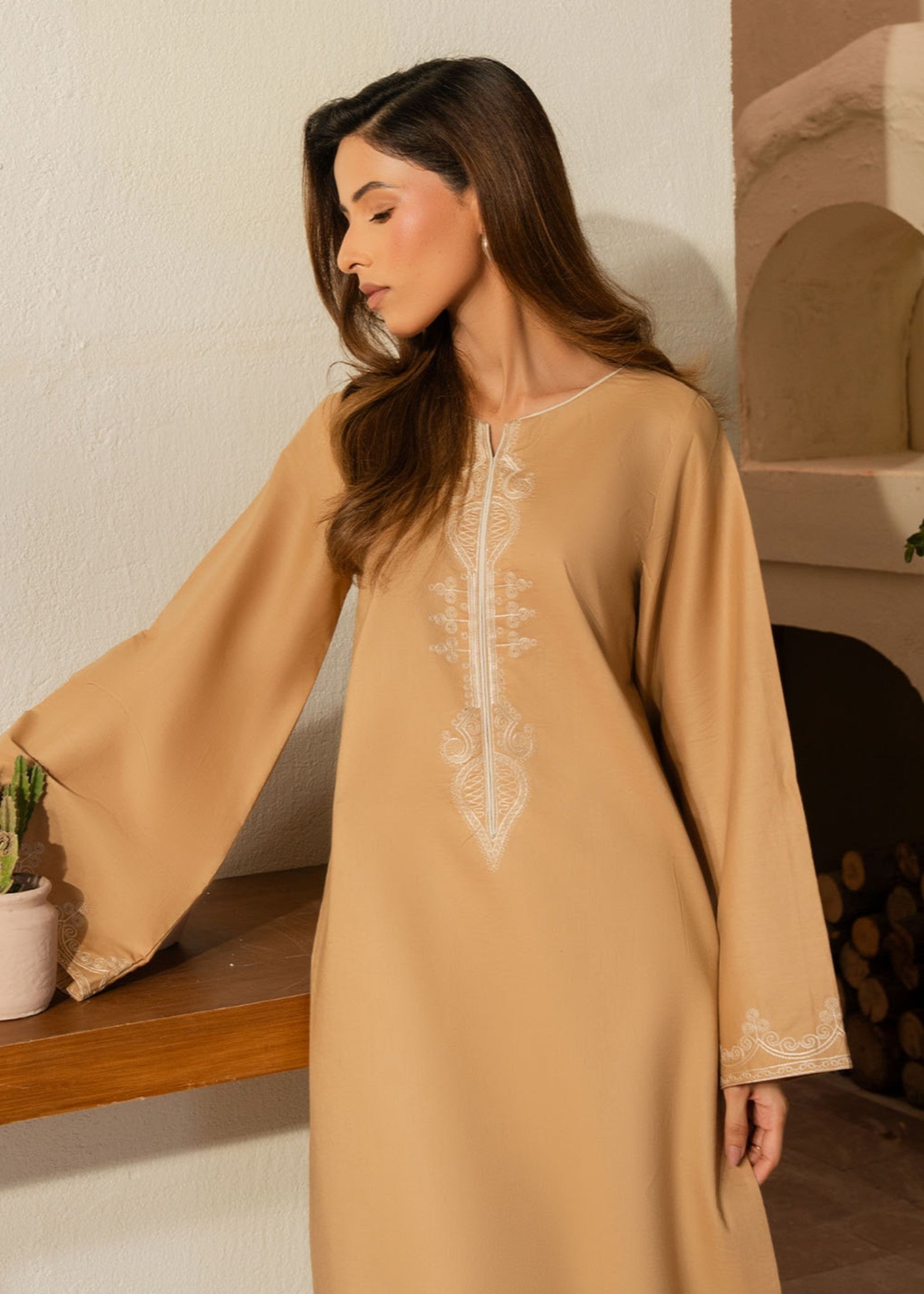 lawn cotton Kurta Set in Tan brown